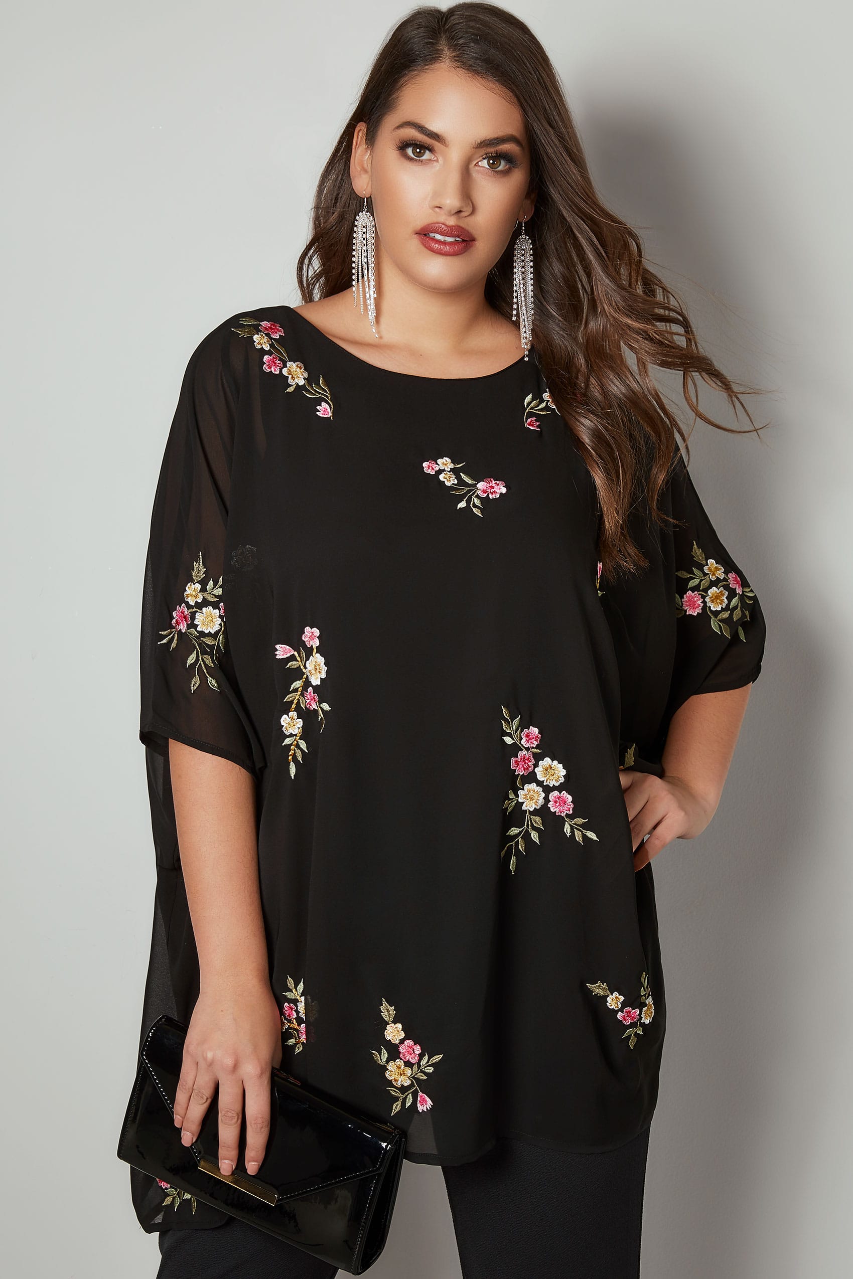 Yours London Black Floral Embroidered Chiffon Cape Top