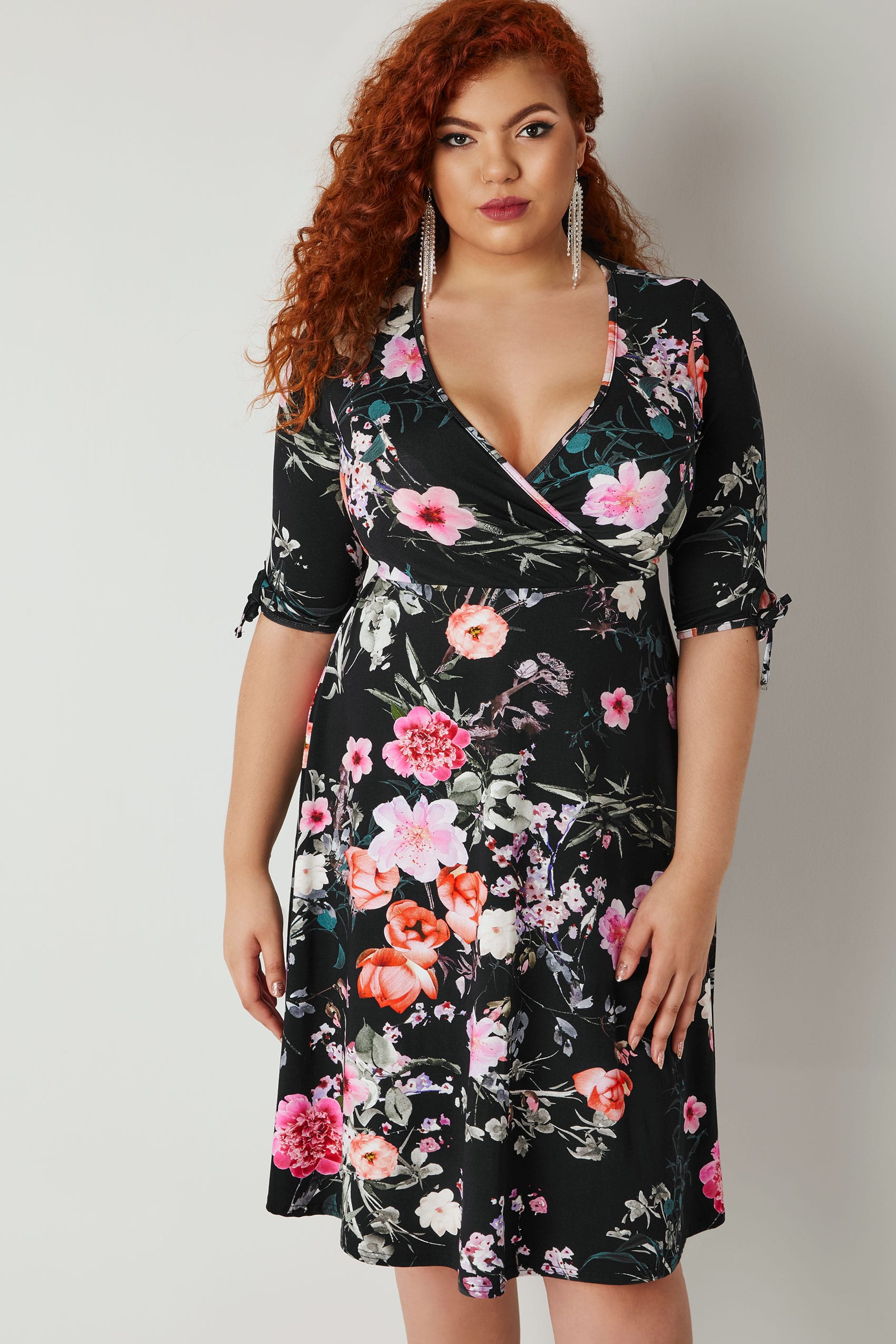 YOURS LONDON Black Floral Wrap Dress With Tie Sleeves, Plus size 16 to 32