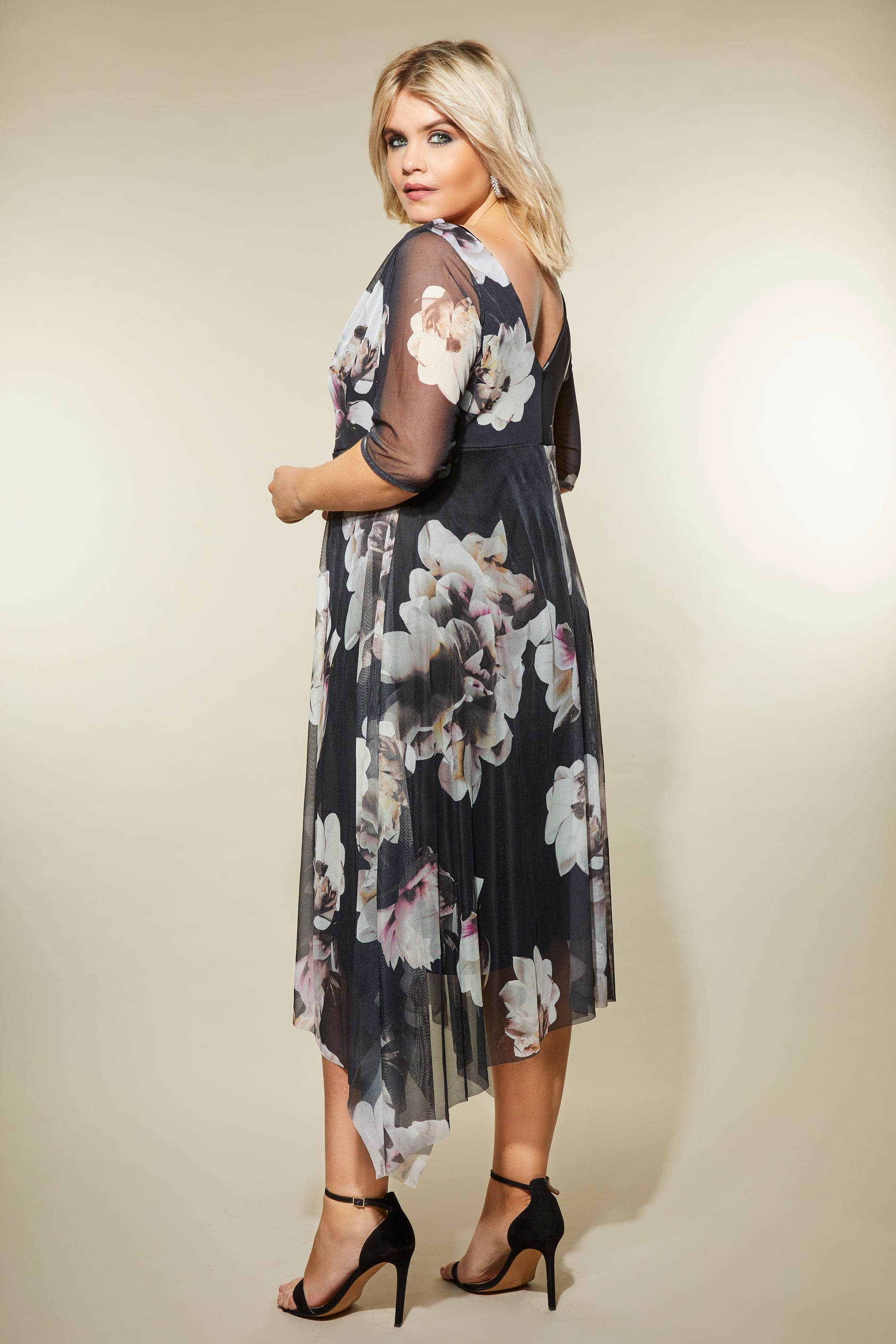 YOURS LONDON Navy & Multi Floral Print Lace Overlay Midi 