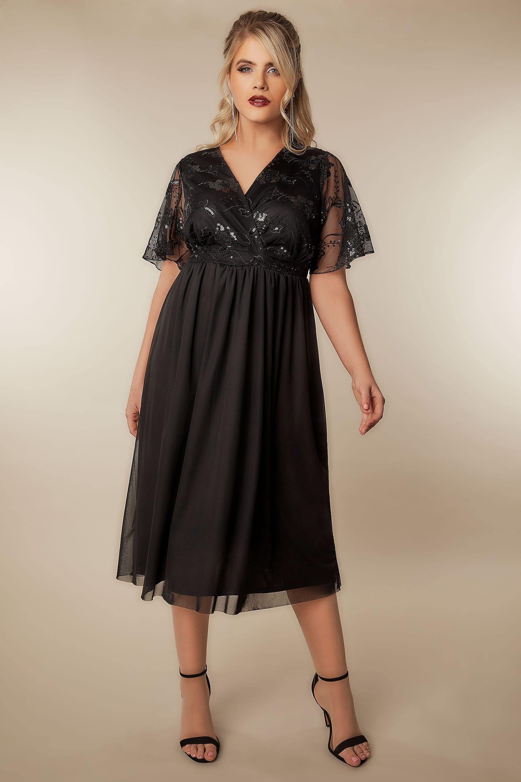 Black Mesh Midi Dress With Sequin Embellishment, Plus size 