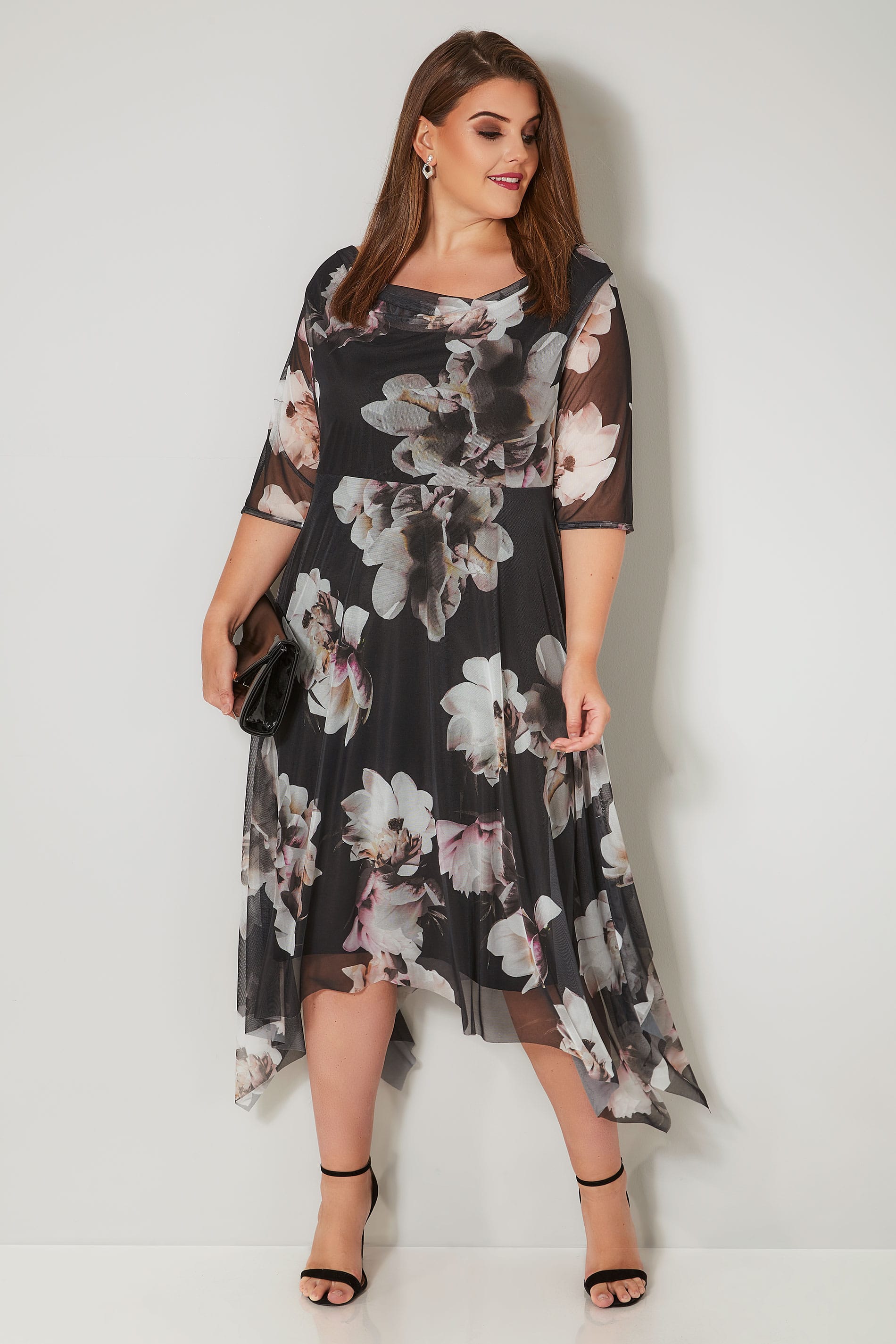 Yours London Black And Cream Floral Mesh Dress With Cowl