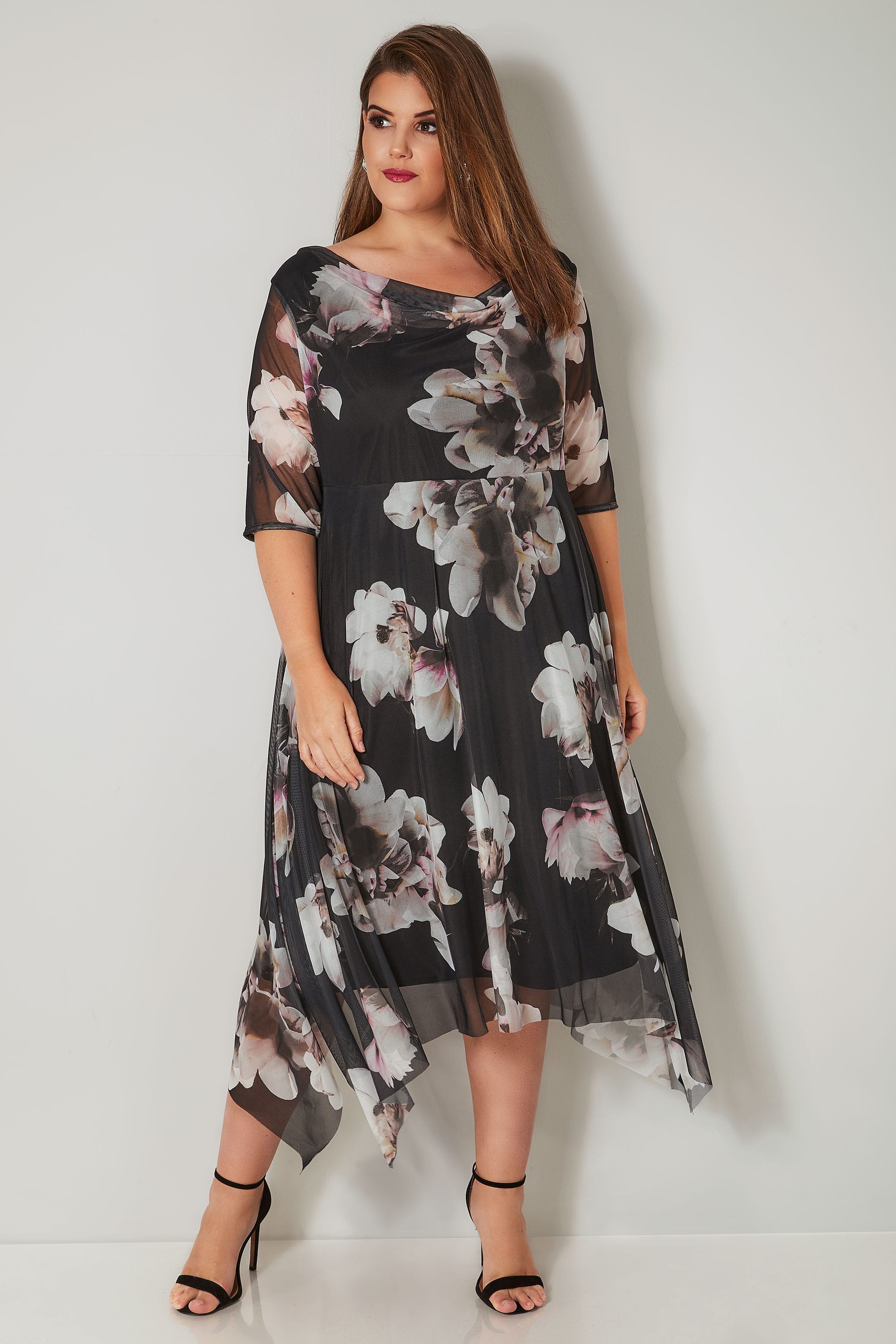YOURS LONDON Black & Cream Floral Mesh Dress With Cowl