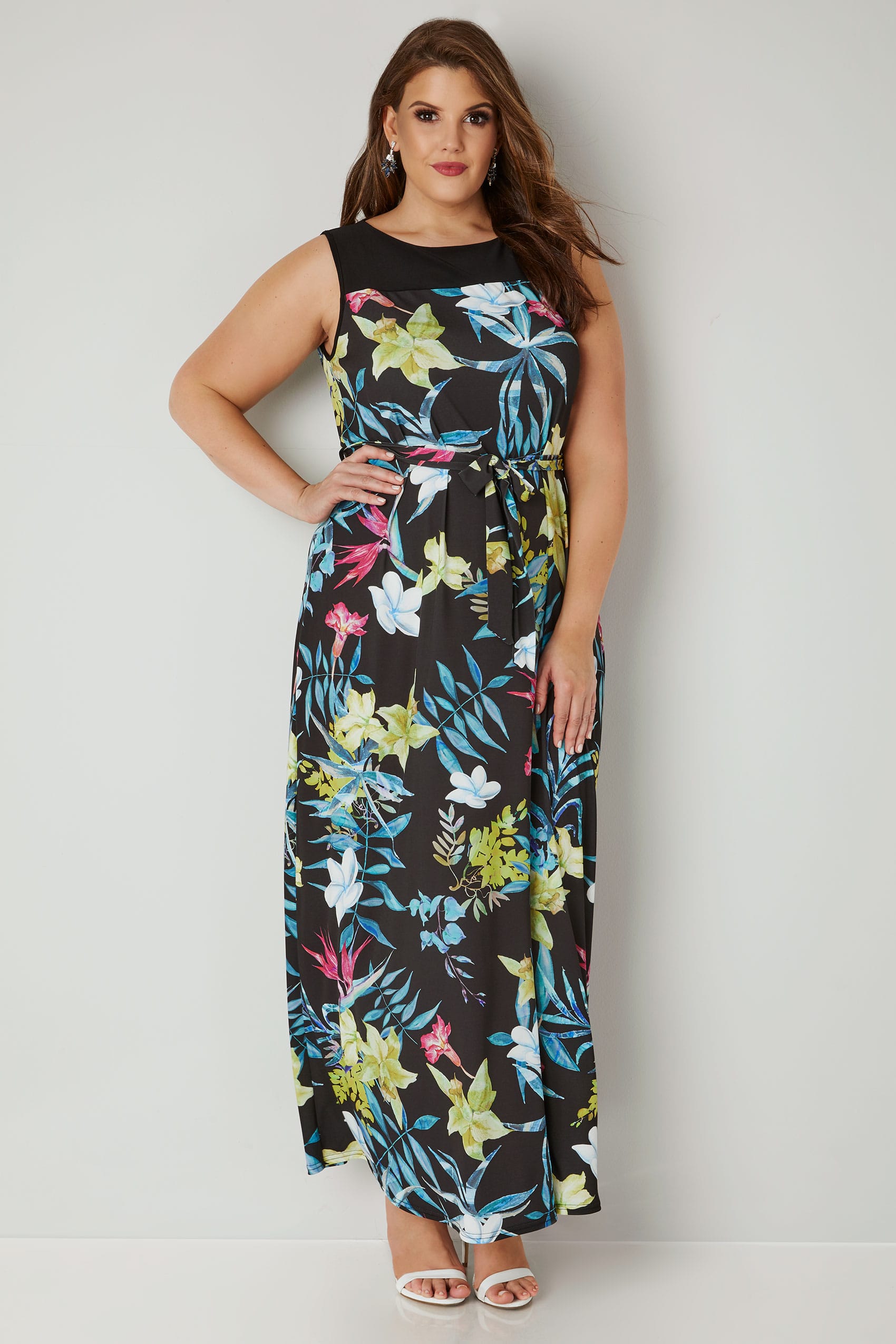 Black & multi Tropical Floral Print Maxi Dress, plus size 16 to 32
