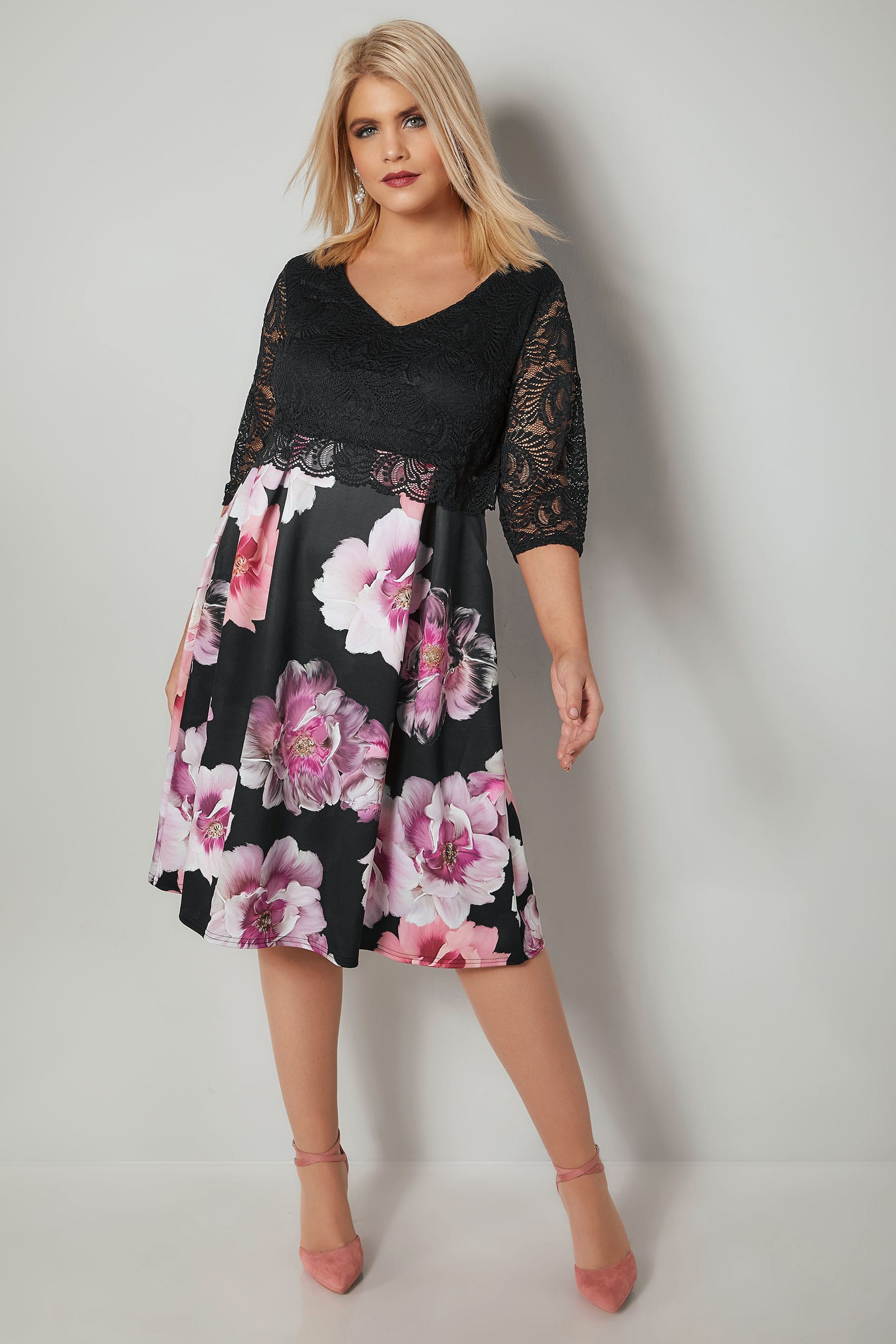 YOURS LONDON Black & Pink Floral Print Lace Overlay Midi Dress, Plus ...
