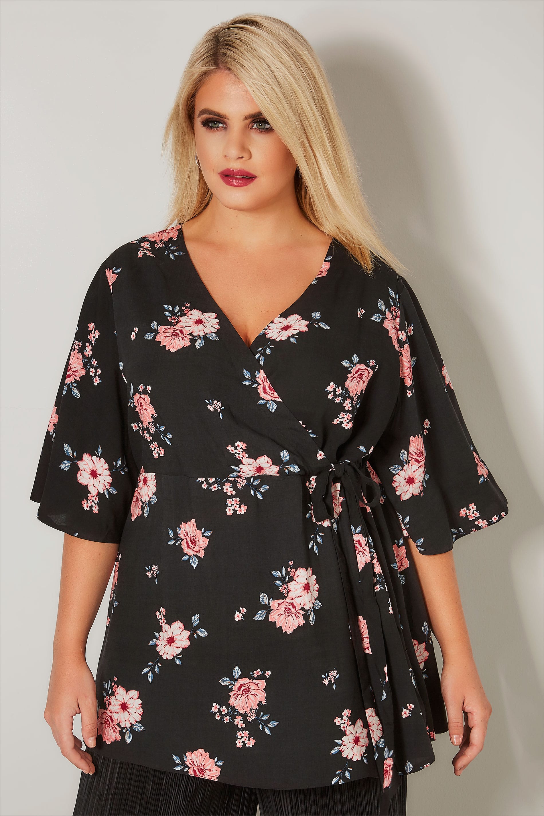 YOURS LONDON Black & Pink Floral Print Wrap Blouse With Kimono Sleeves ...