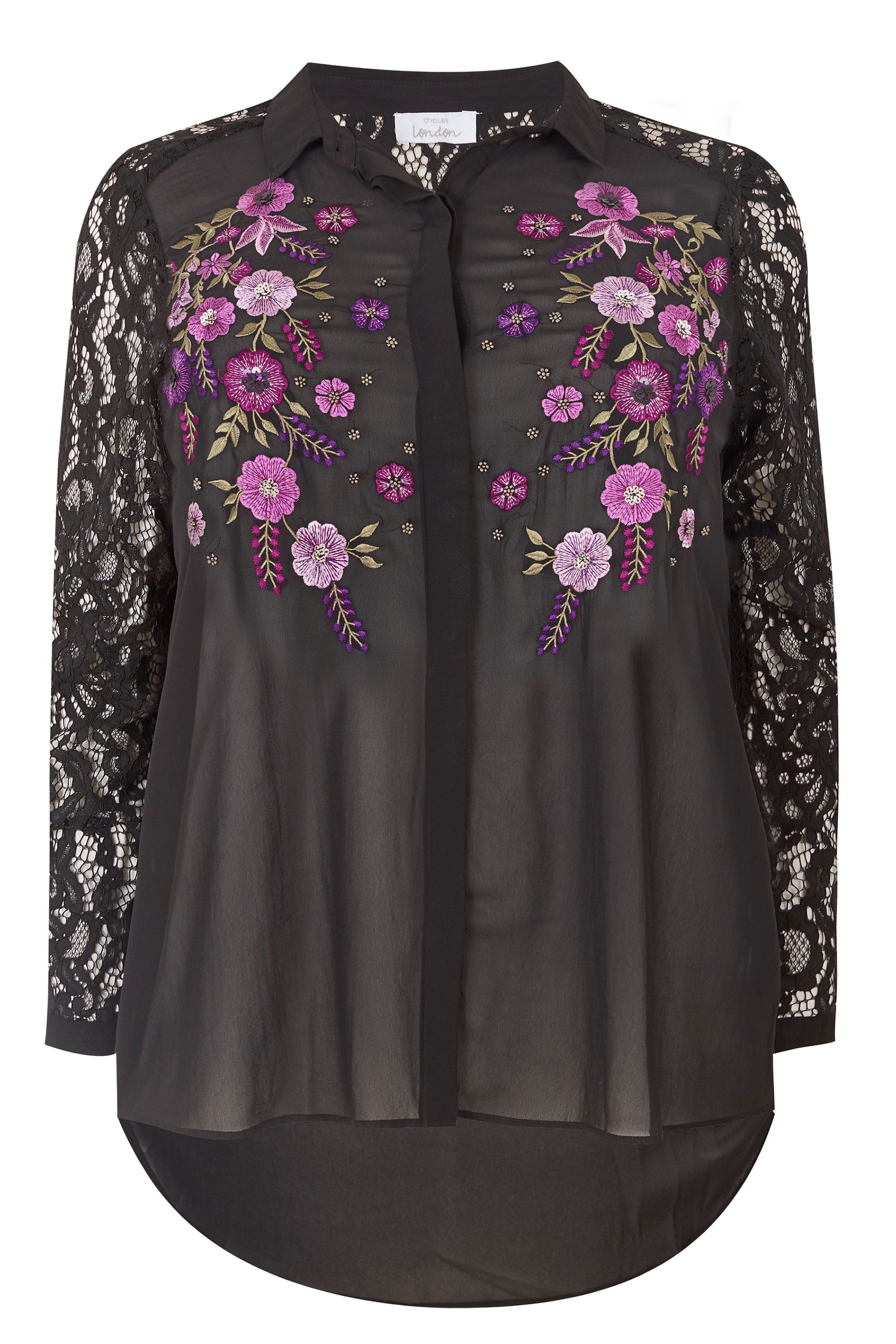 Yours London Black And Purple Floral Sequin Embroidered Shirt With Lace