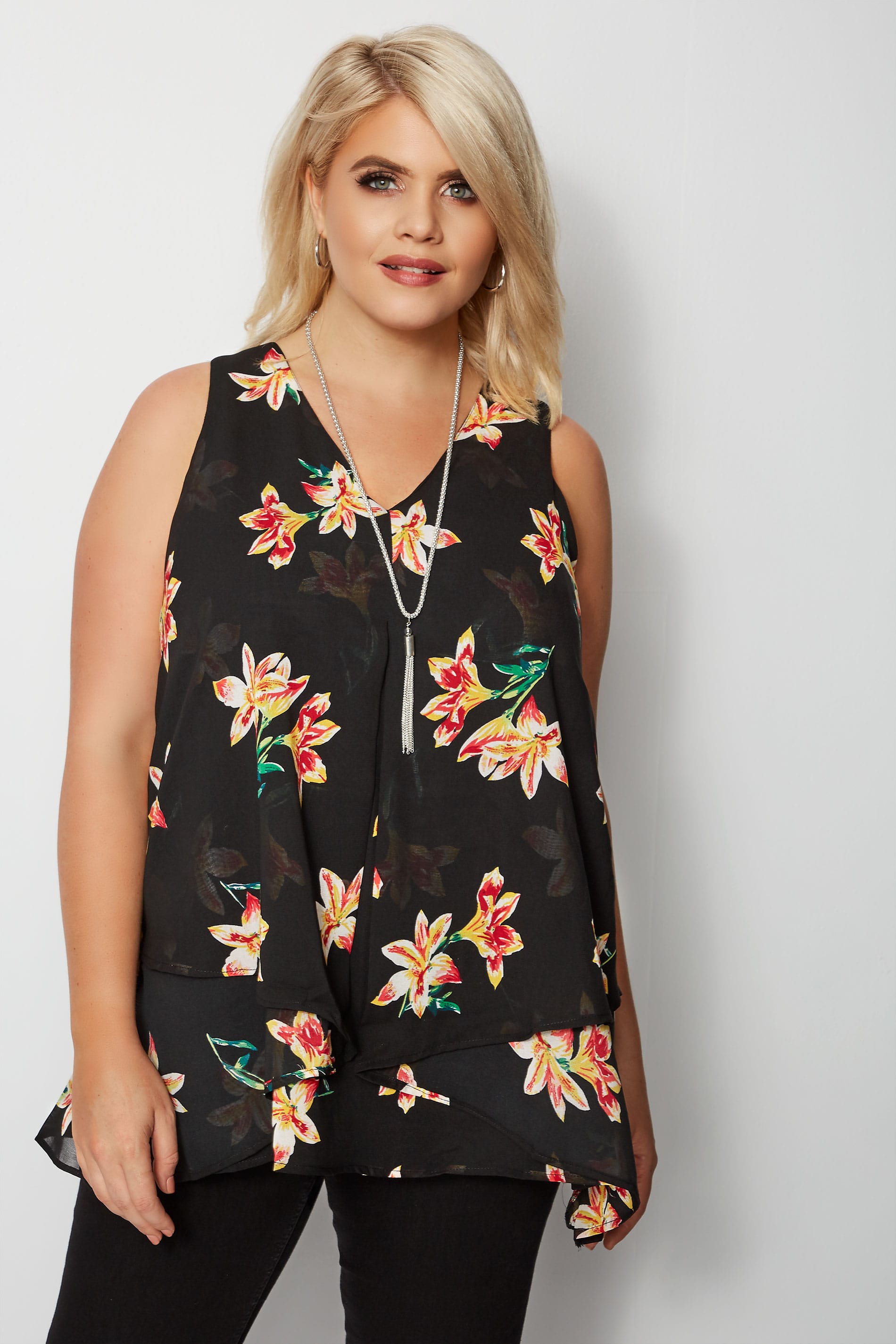 YOURS LONDON Black & Yellow Floral Layered Chiffon Top, Plus size 16 to 32