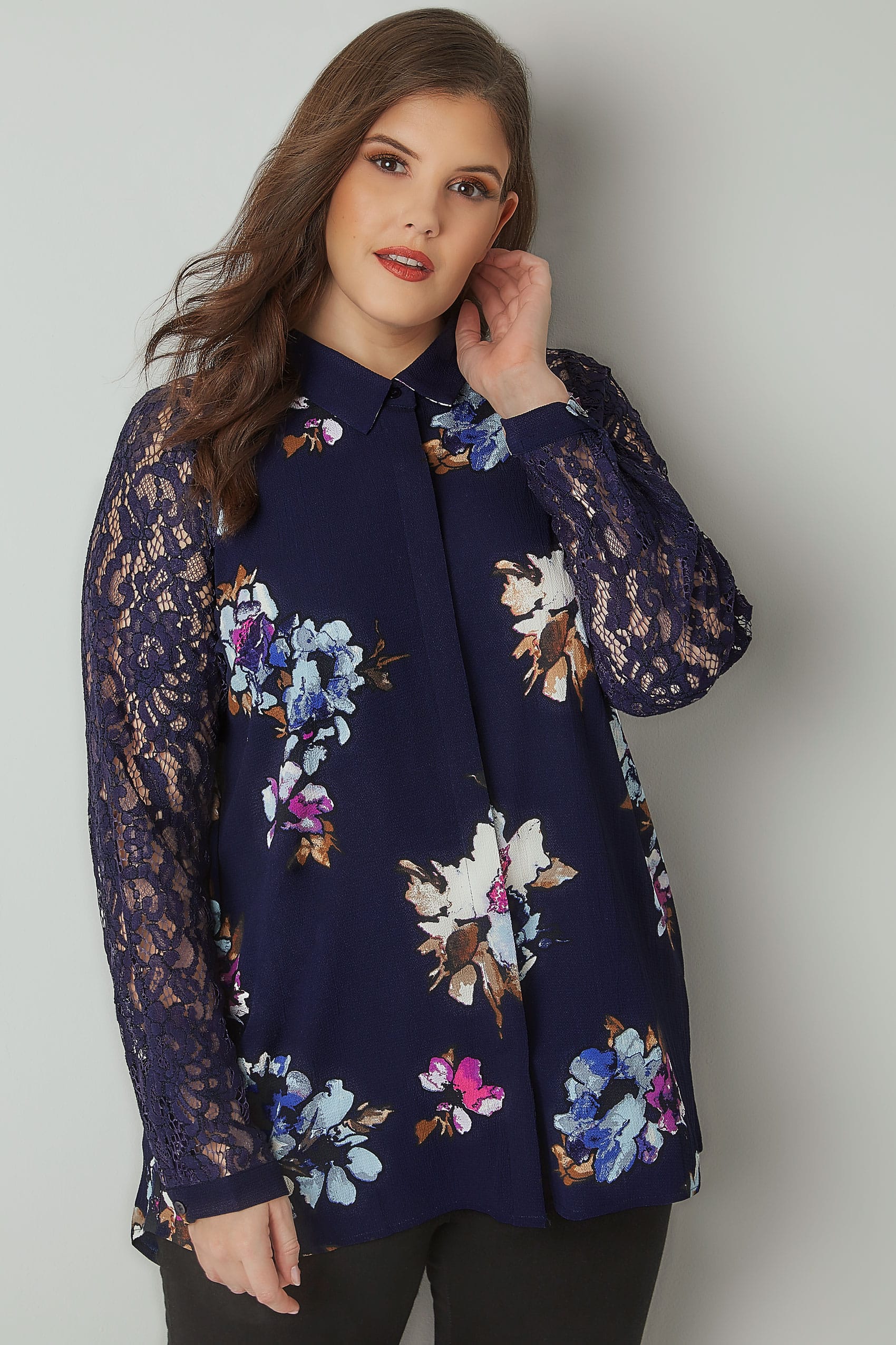 YOURS LONDON Navy Floral Print Shirt With Lace Sleeves, plus size 16 to 32