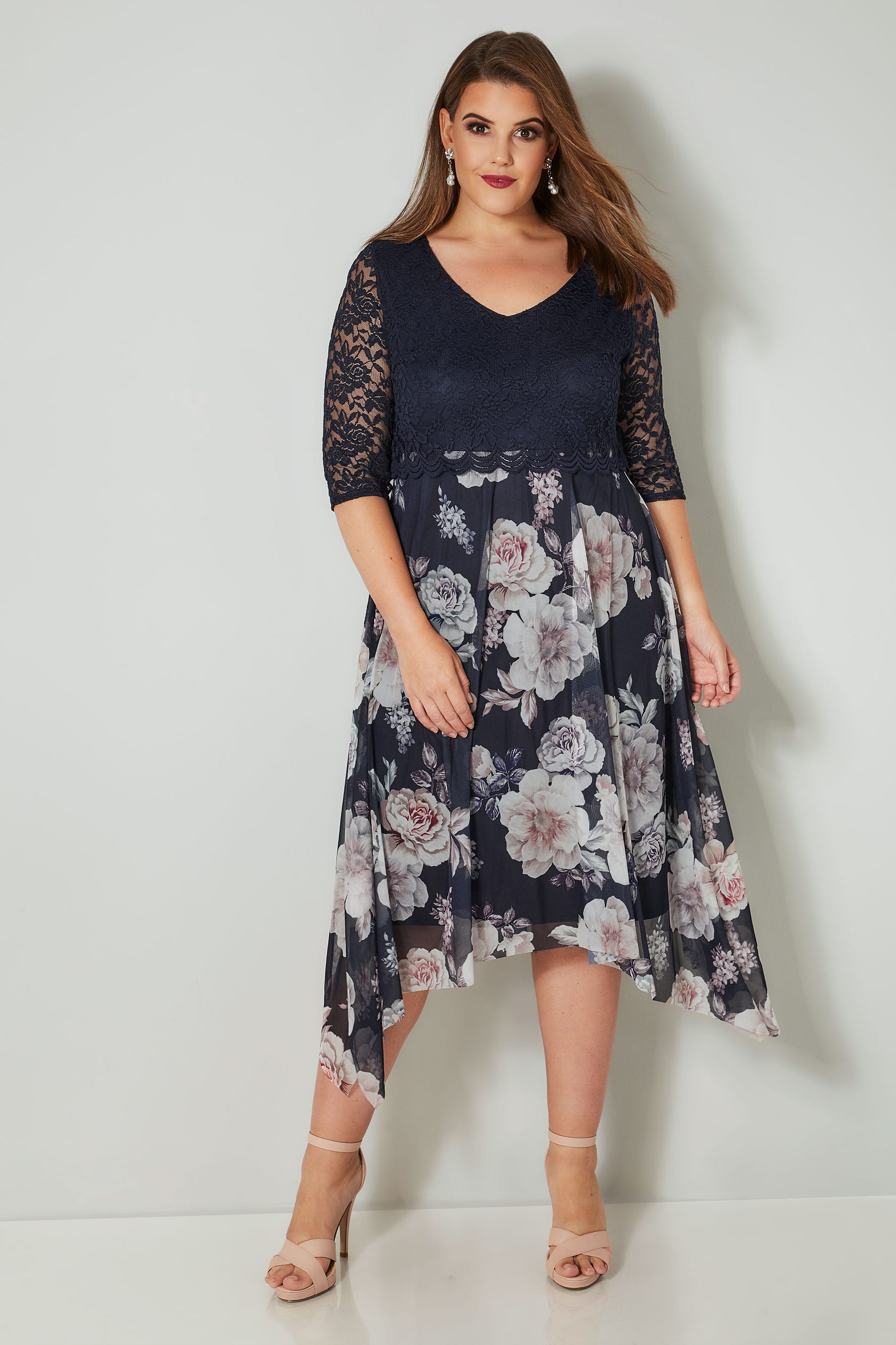 YOURS LONDON Navy Floral Dress With Lace Overlay, plus size 16 to 36