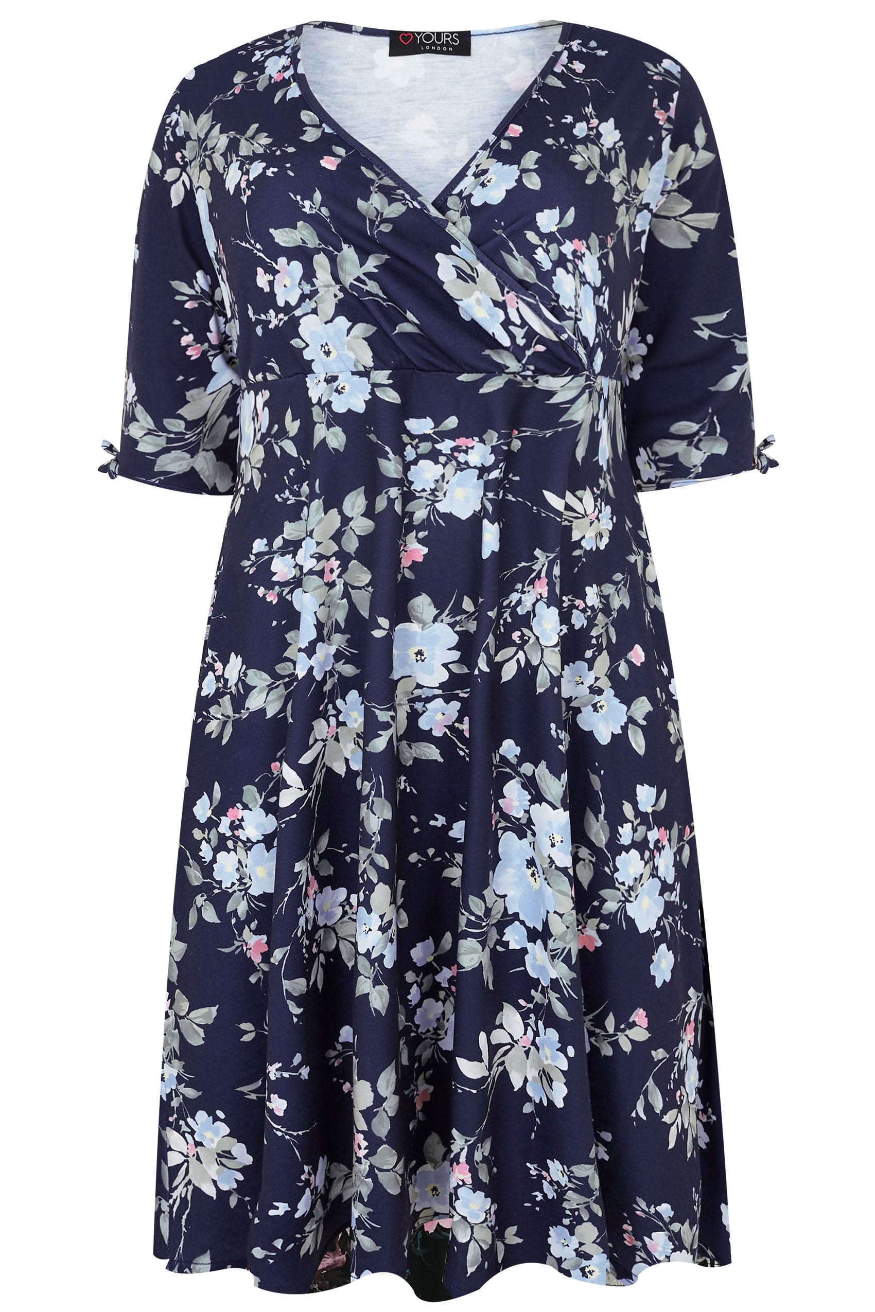 YOURS LONDON Navy Floral Wrap Dress With Tie Sleeves, Plus size 16 to 32