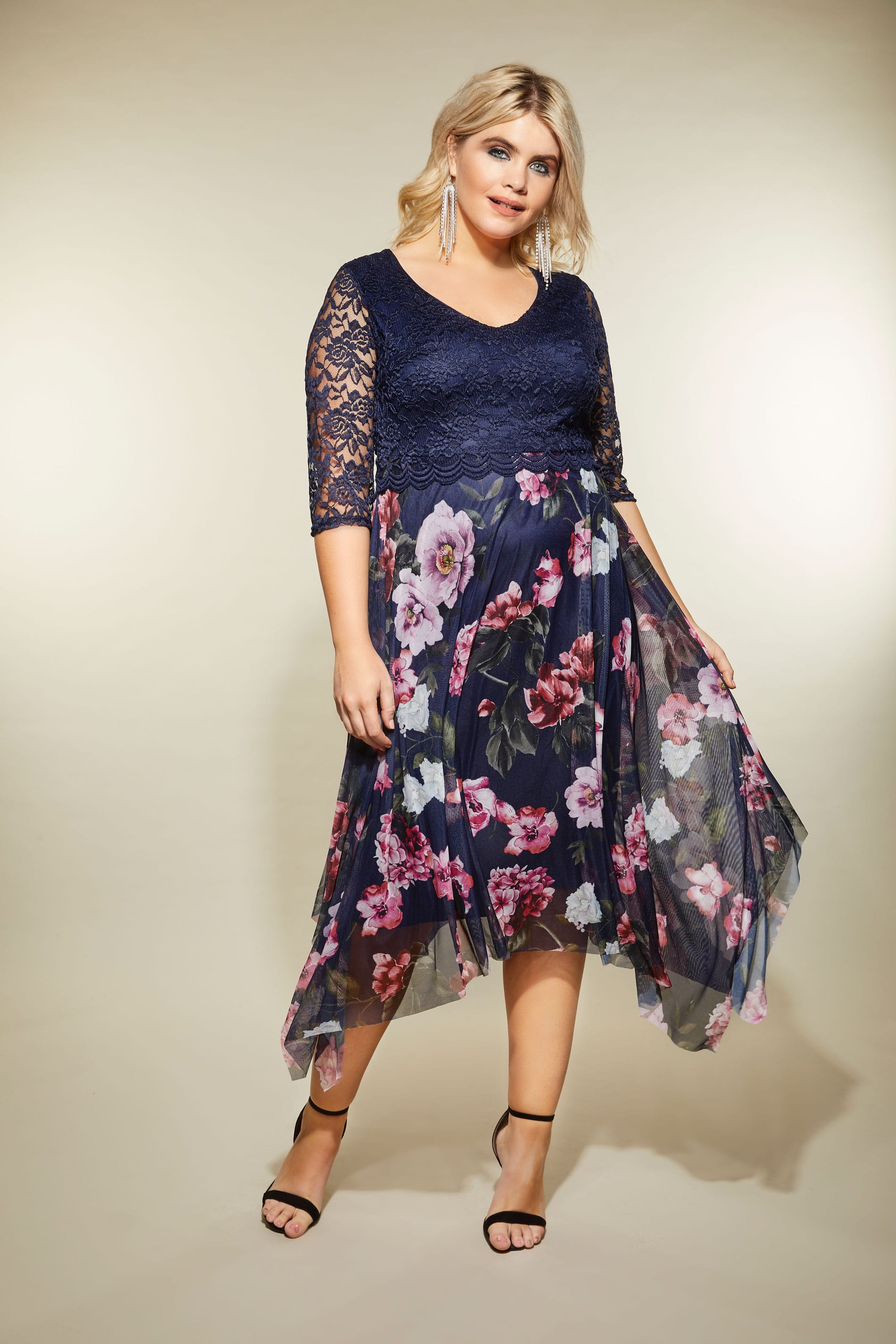 Yours London Navy And Pink Floral Hanky Hem Dress With Lace