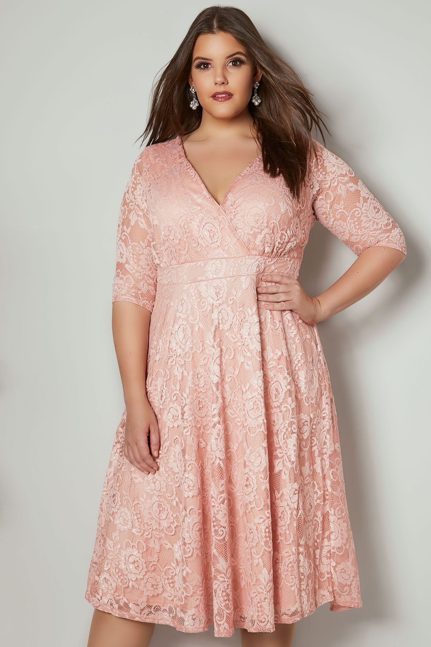 YOURS LONDON Pink Floral Lace Wrap Dress, plus size 16 to 32