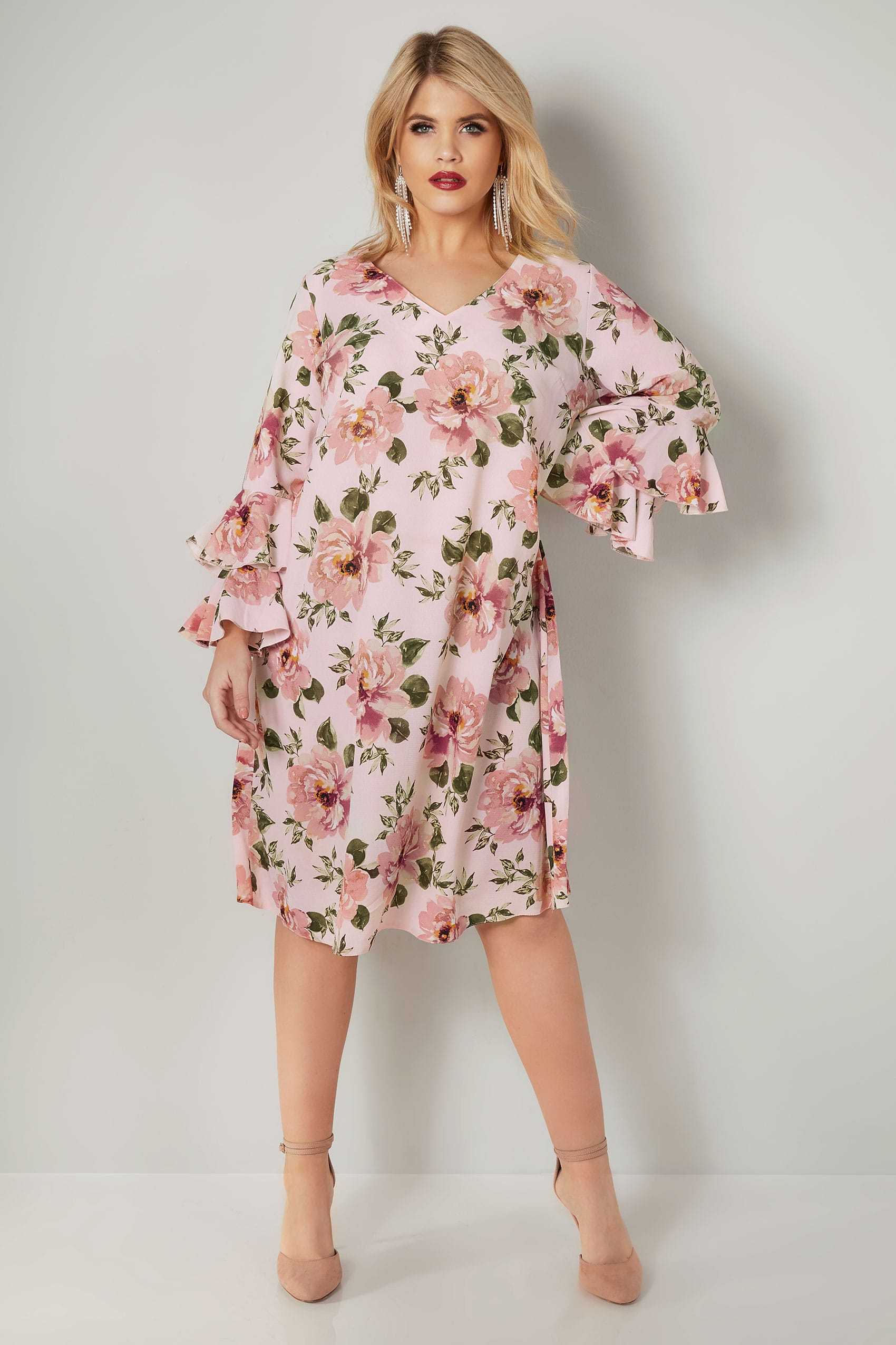 YOURS LONDON Pink Floral Print Dress With Layered Flute Sleeves, plus ...