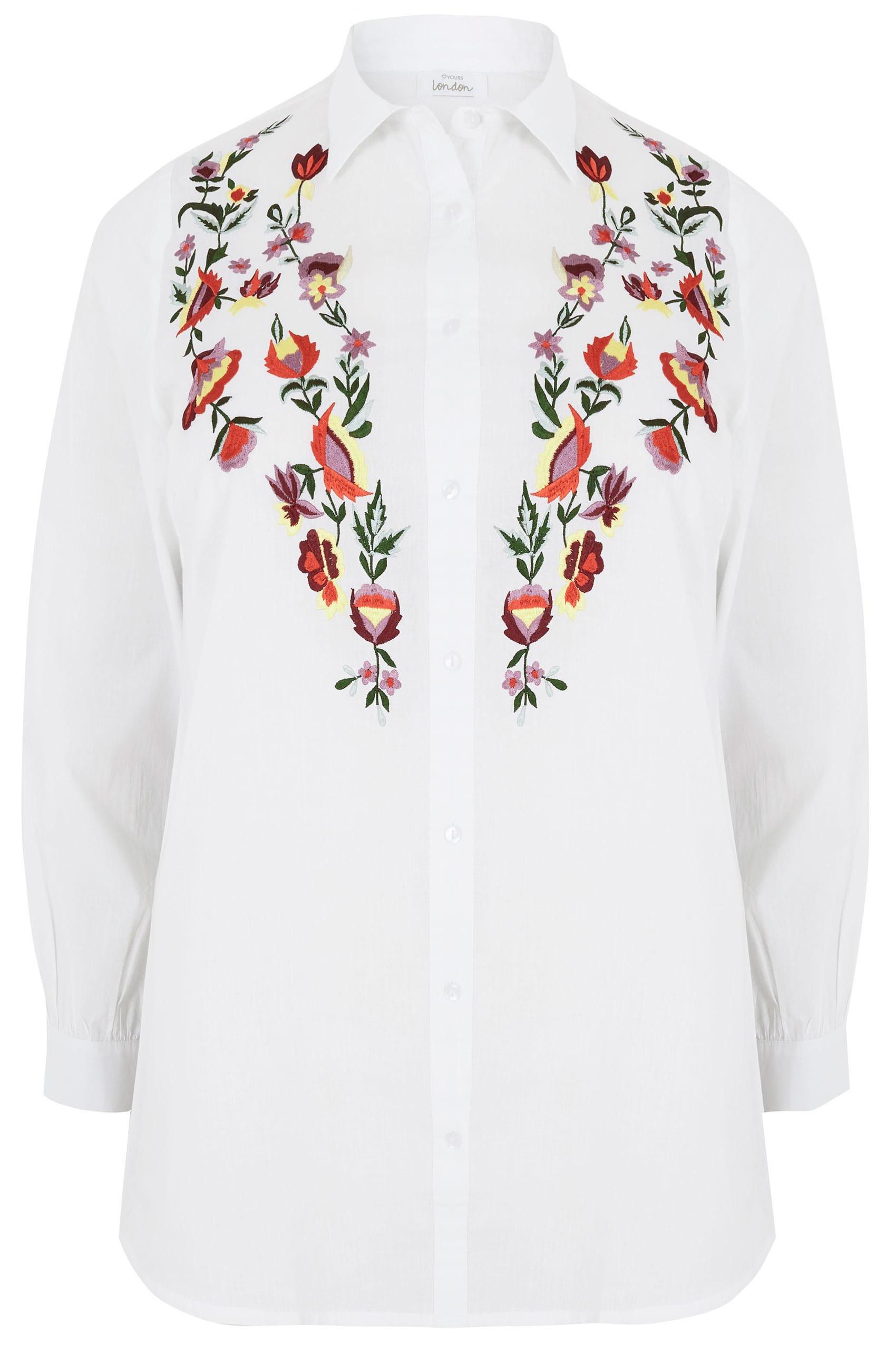 YOURS LONDON White Floral Embroidered Shirt, plus size 16 to 36