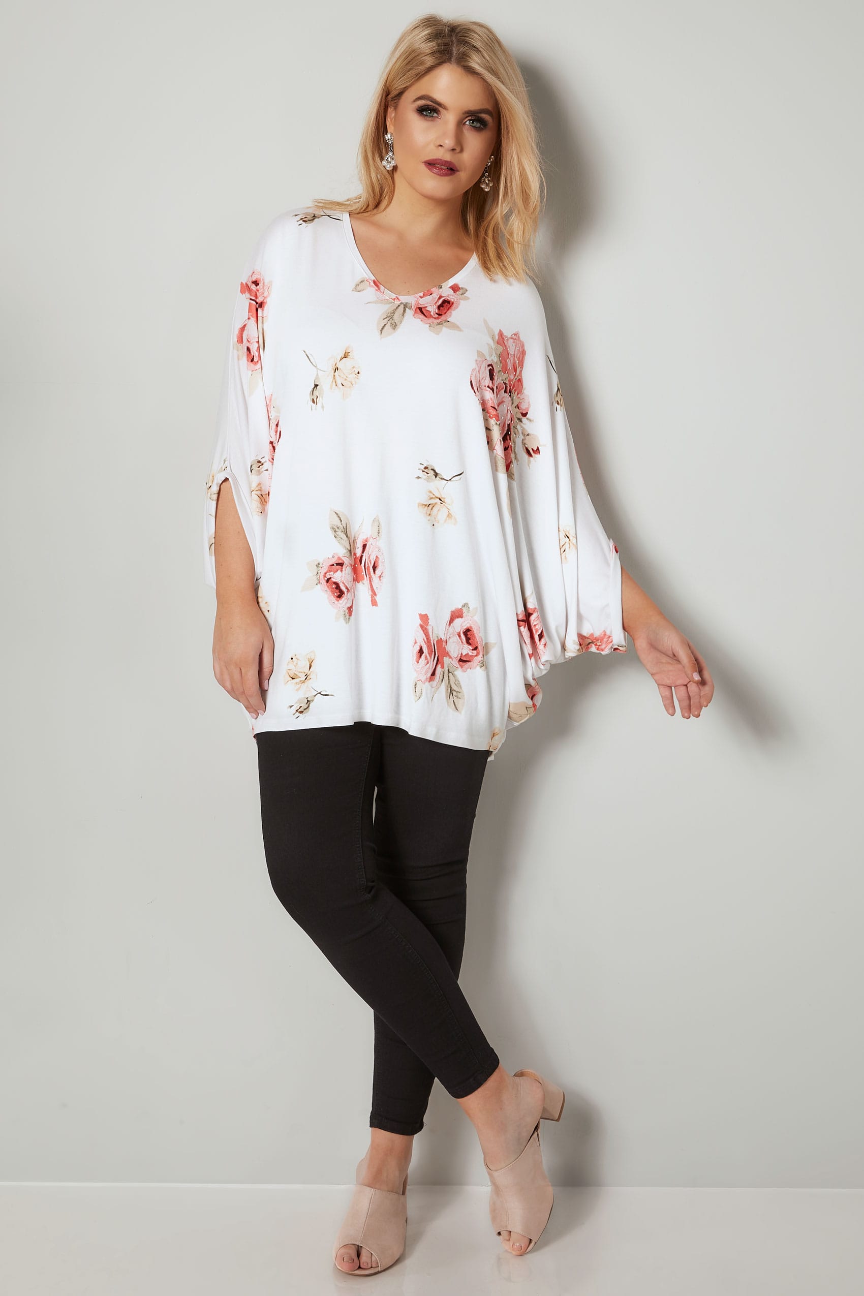 YOURS LONDON White & Multi Floral Print Oversized Top With Studded ...