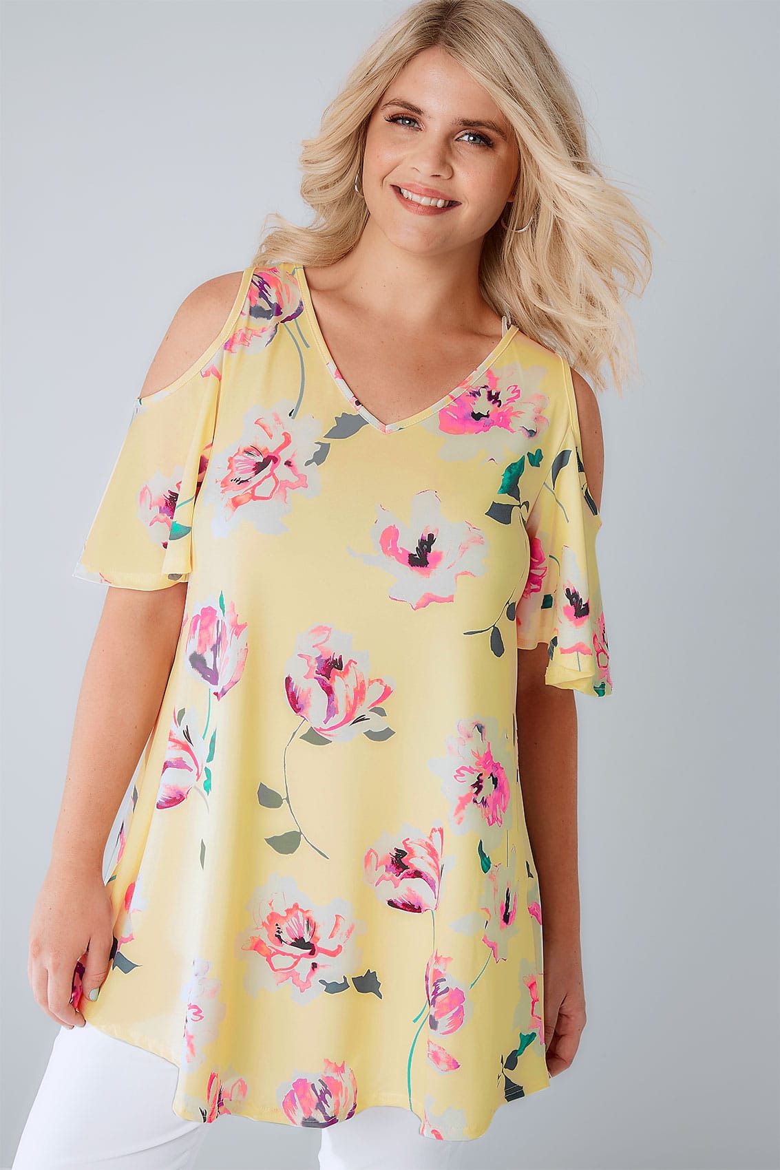 Yellow Multi Cold Shoulder Floral Swing Top Plus size 
