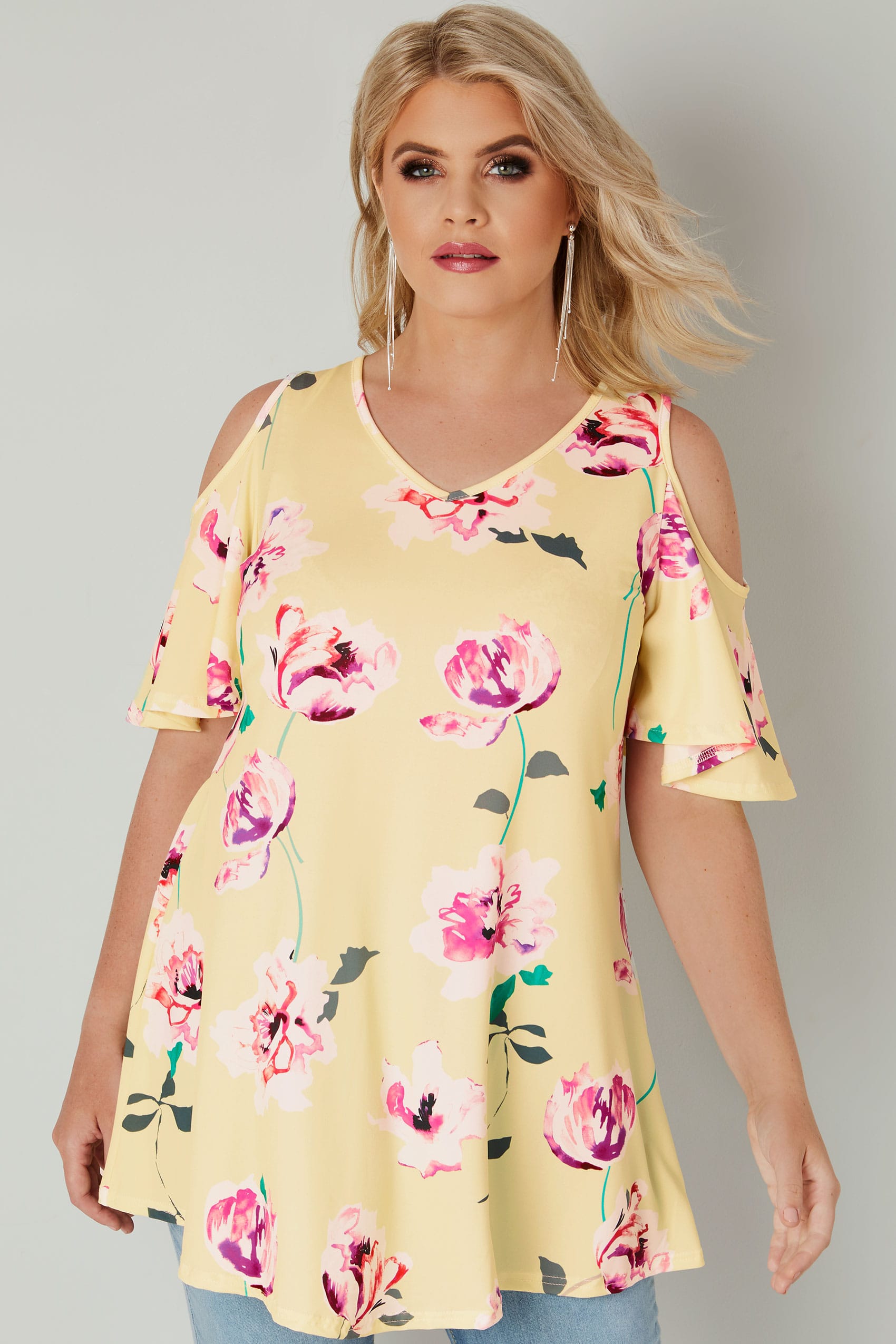 Yellow & Multi Cold Shoulder Floral Swing Top, Plus size 16 to 36