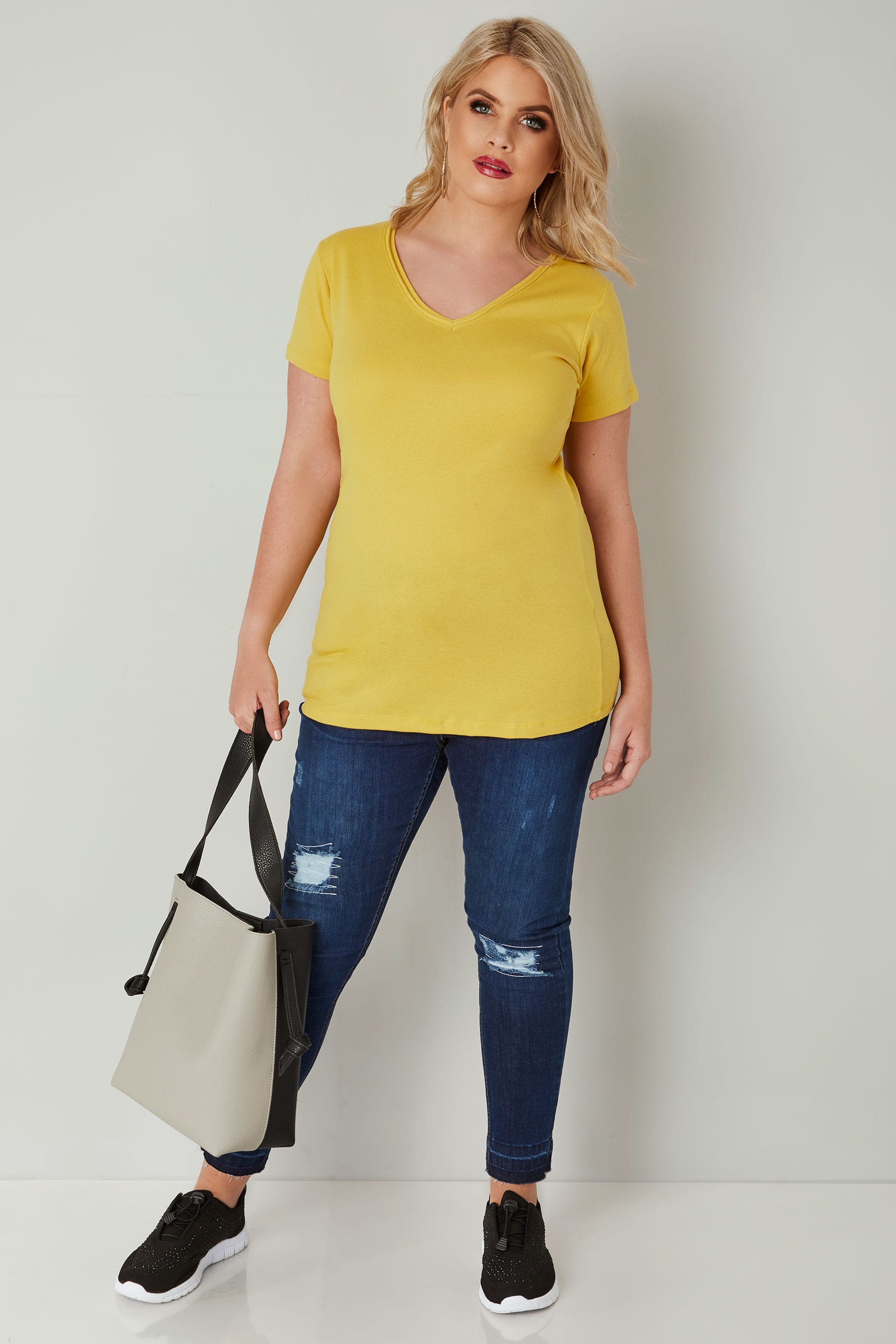 Yellow Short Sleeved V-Neck Basic T-Shirt, Plus size 16 to 36