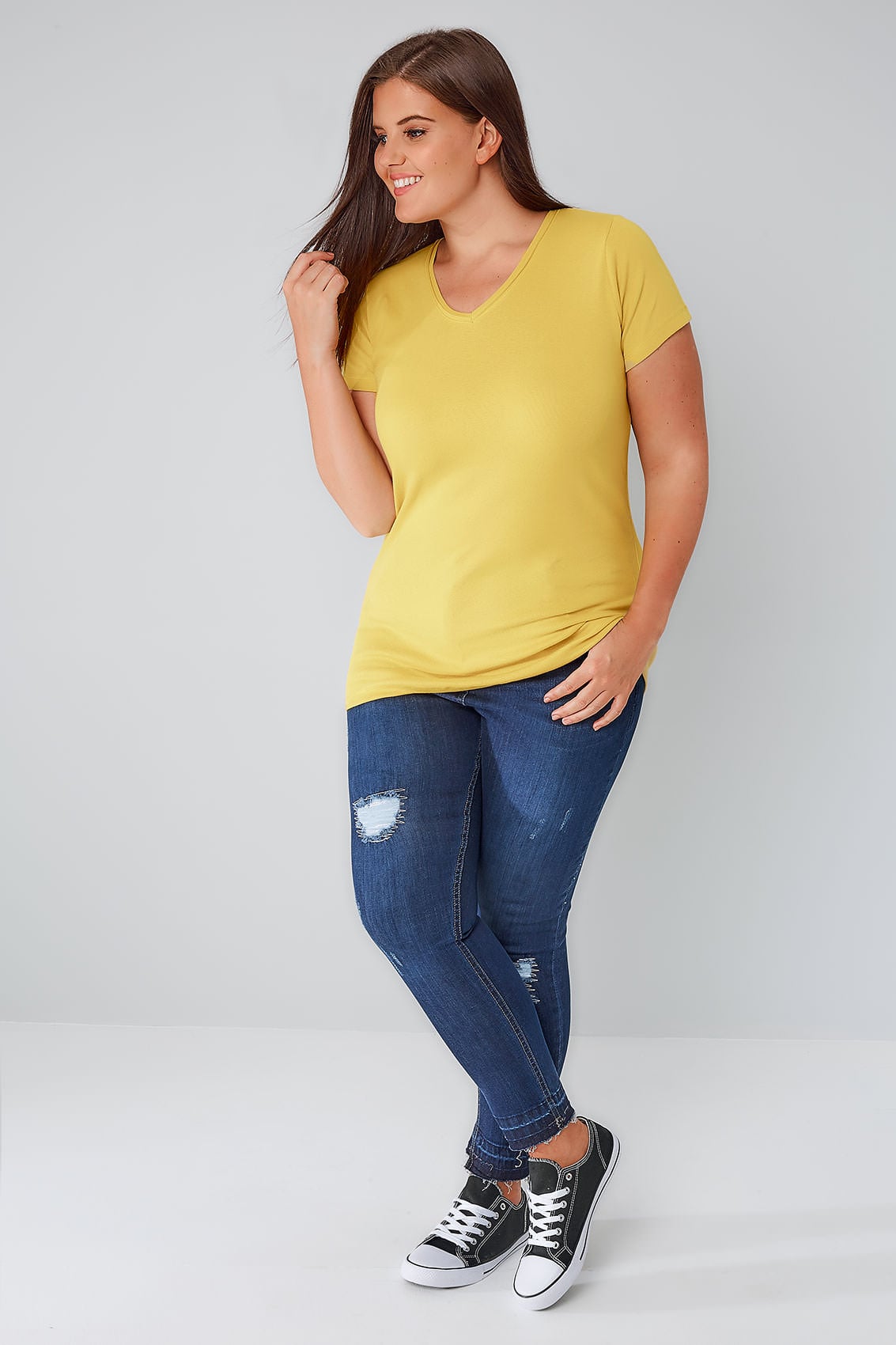 Yellow Short Sleeved V Neck Basic T Shirt Plus Size 16 To 36
