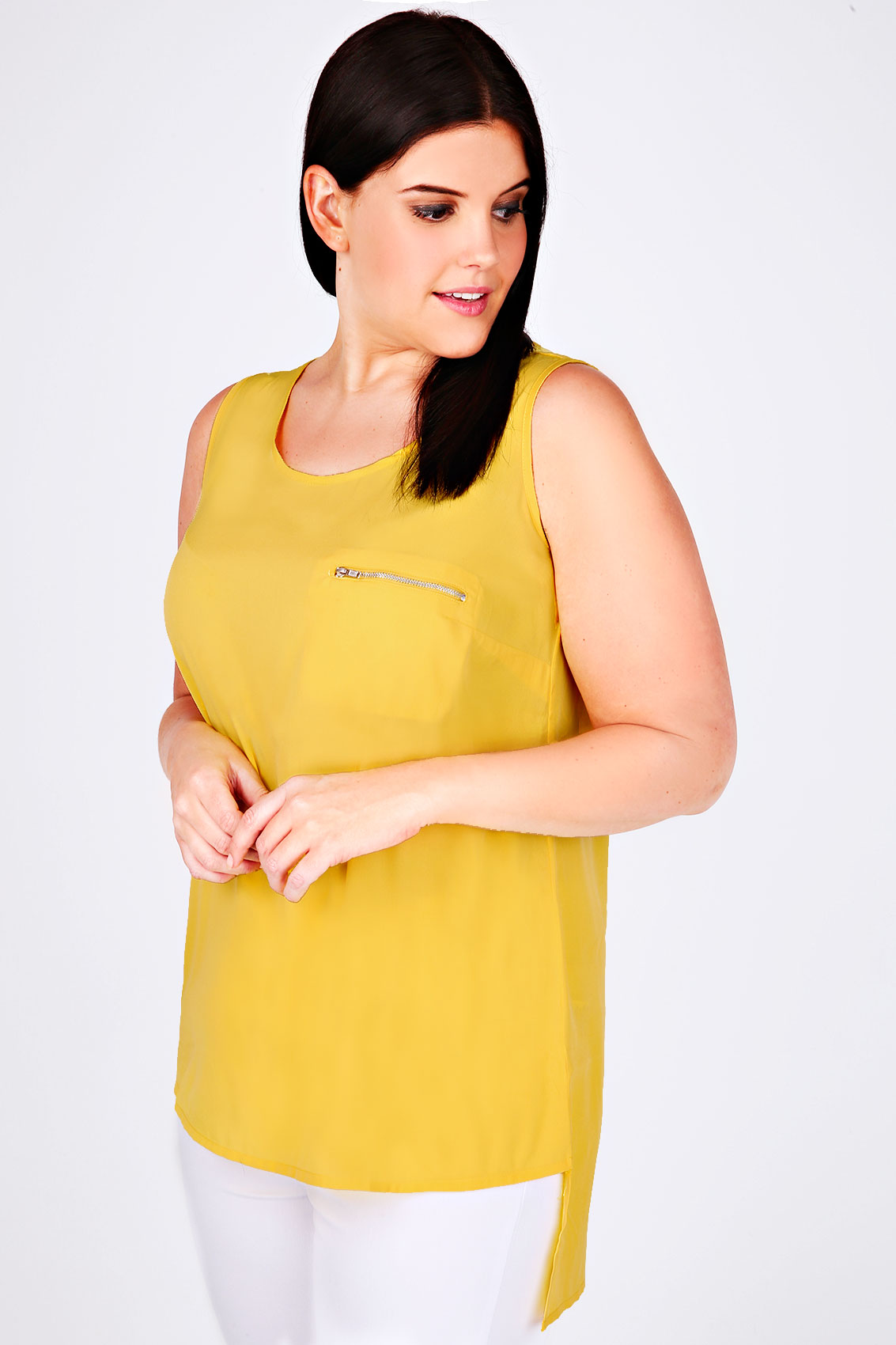 Yellow Sleeveless Dipped Hem Top With Zip Pocket Detail Plus size 14,16 ...