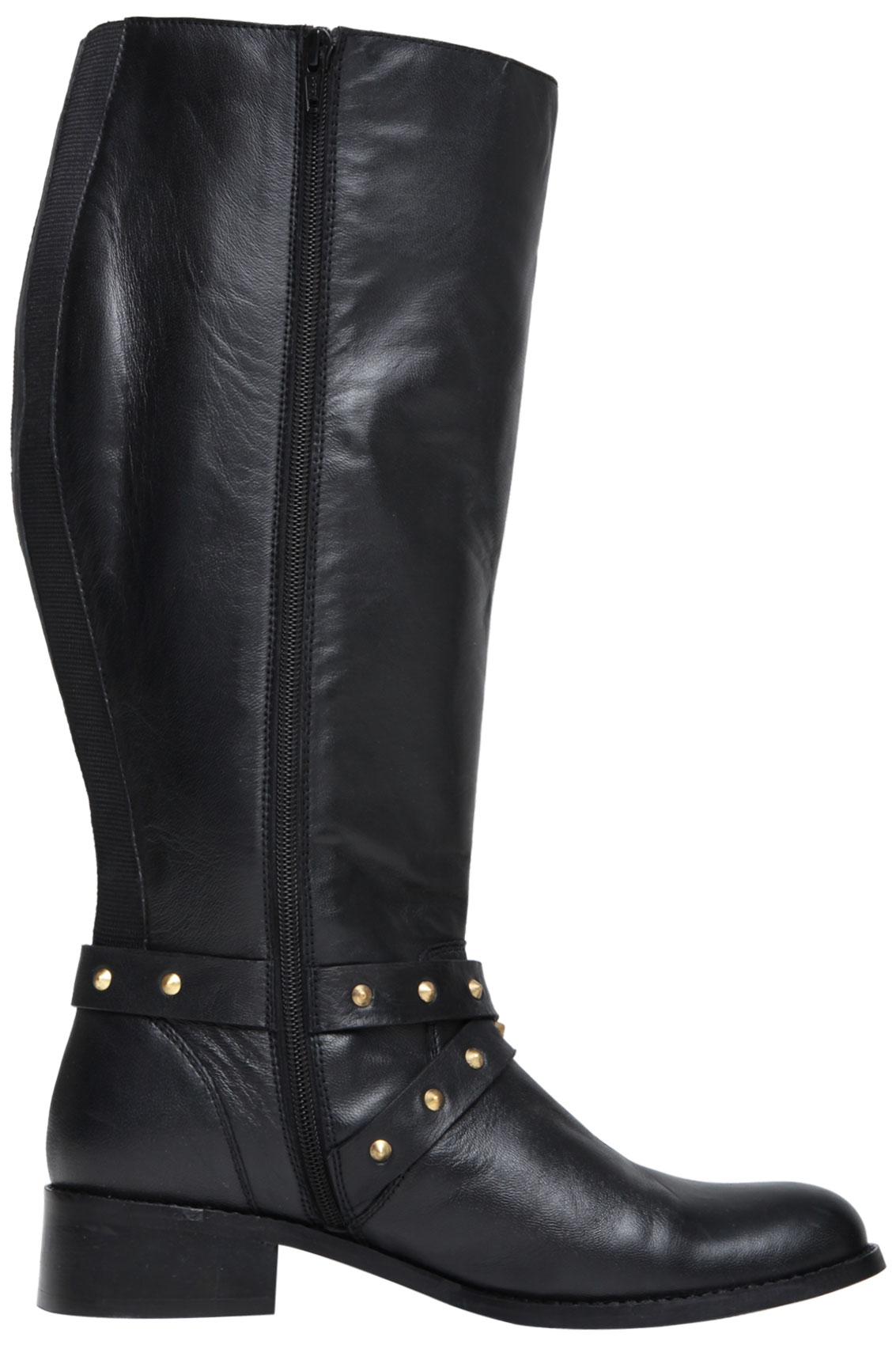 Black Knee High Leather Riding Boot With Stud Buckle XL Calf Fi EEE Fit ...