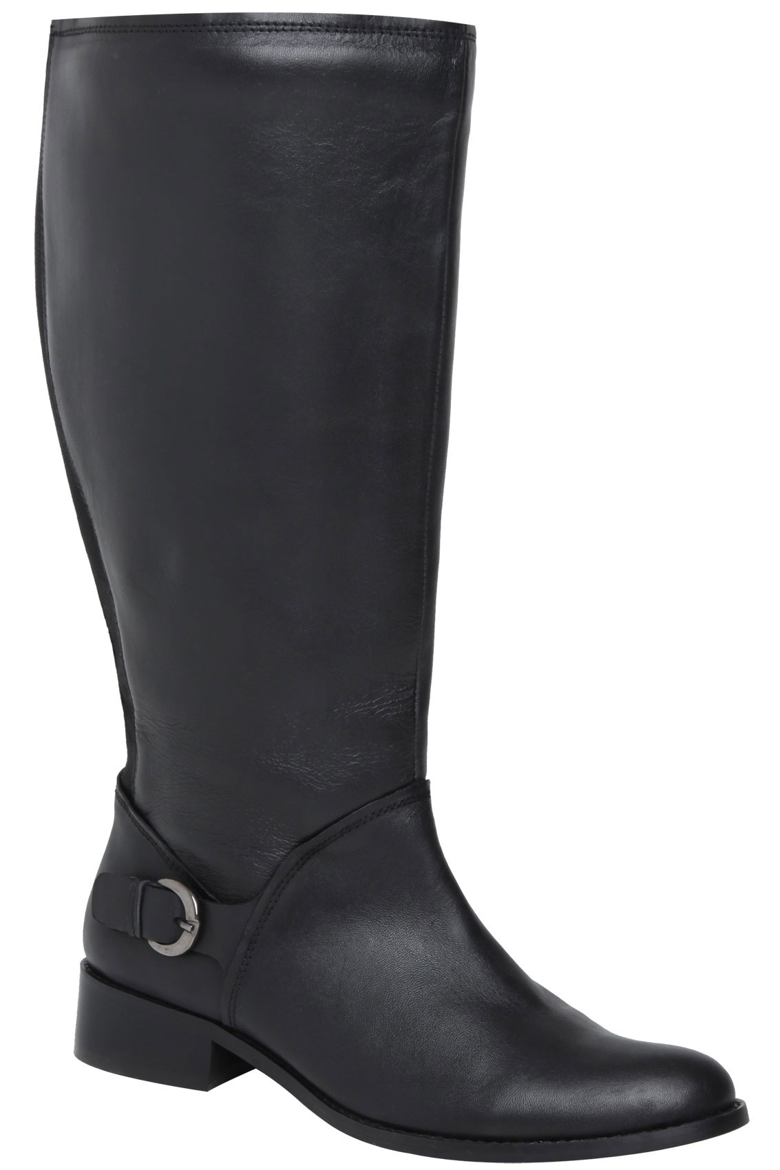 Black Leather Knee High Riding Boots With Buckle Trim & XXL Ca In EEE ...
