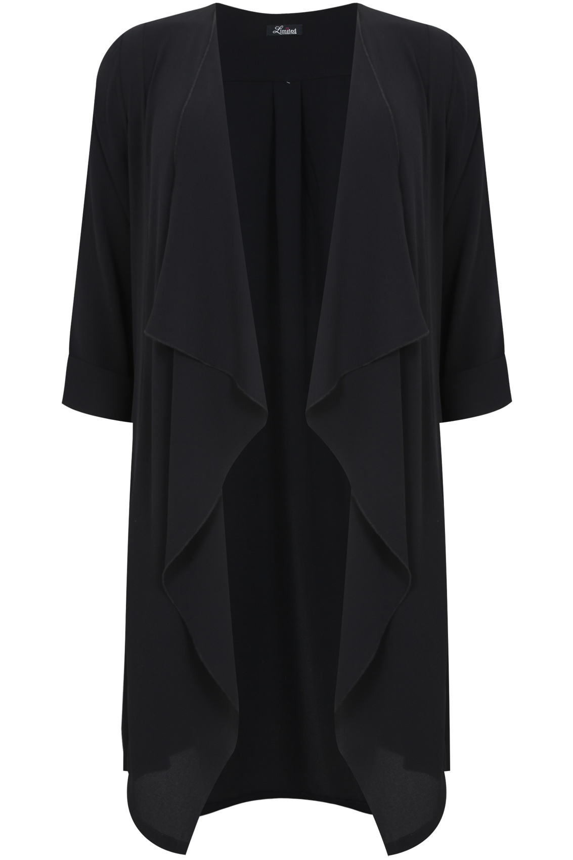 Black Waterfall Longline Crepe Jacket With Tie Plus Size 16 to 32