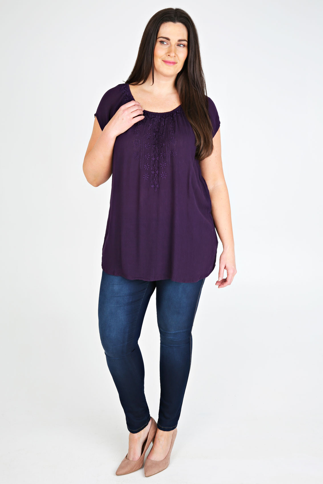 Dark Purple Short Sleeve Gypsy Blouse With Embroided Neckline Plus size ...