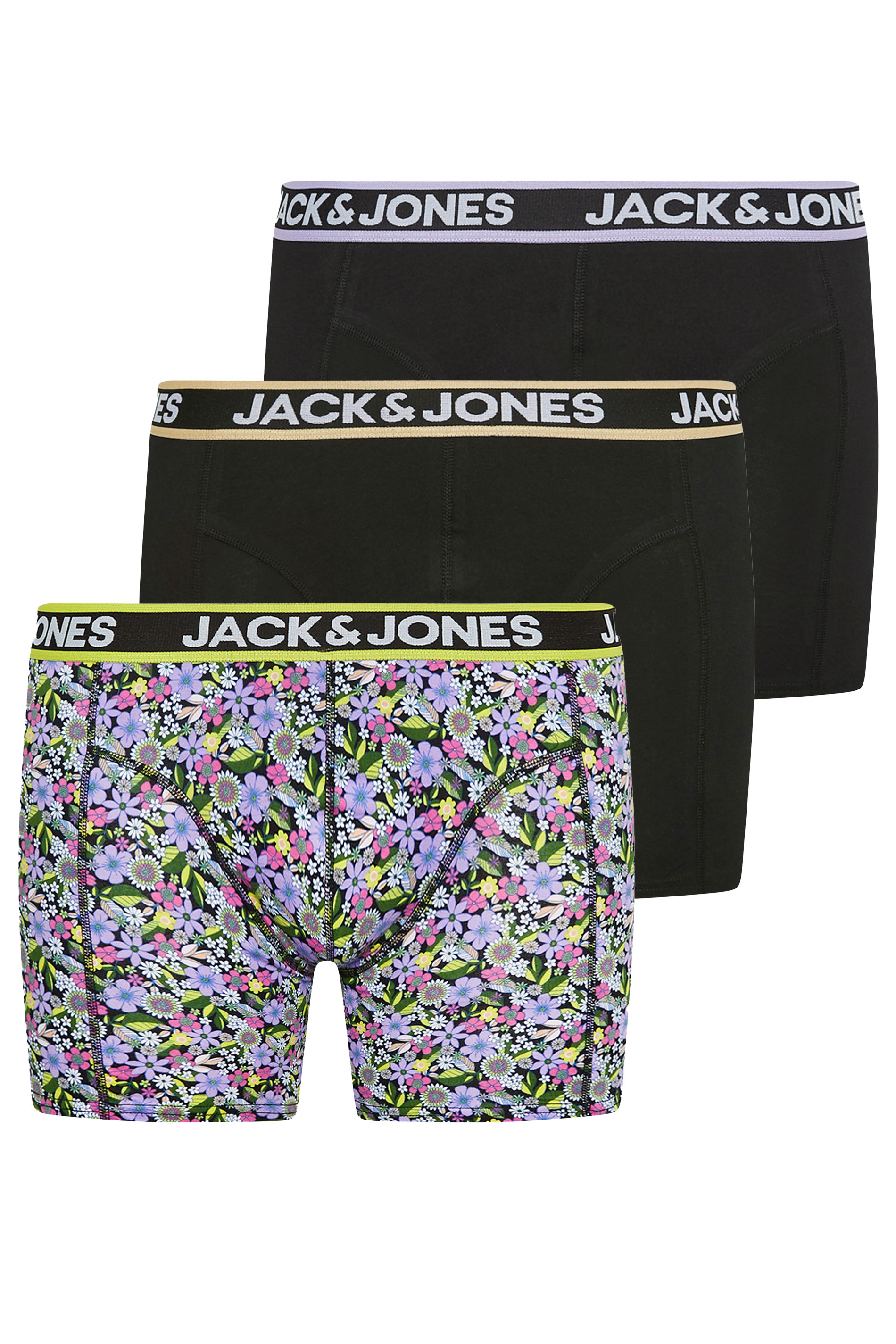 Image of Size 2Xl Mens Jack & Jones Black Floral & Plain 3 Pack Trunks Big & Tall