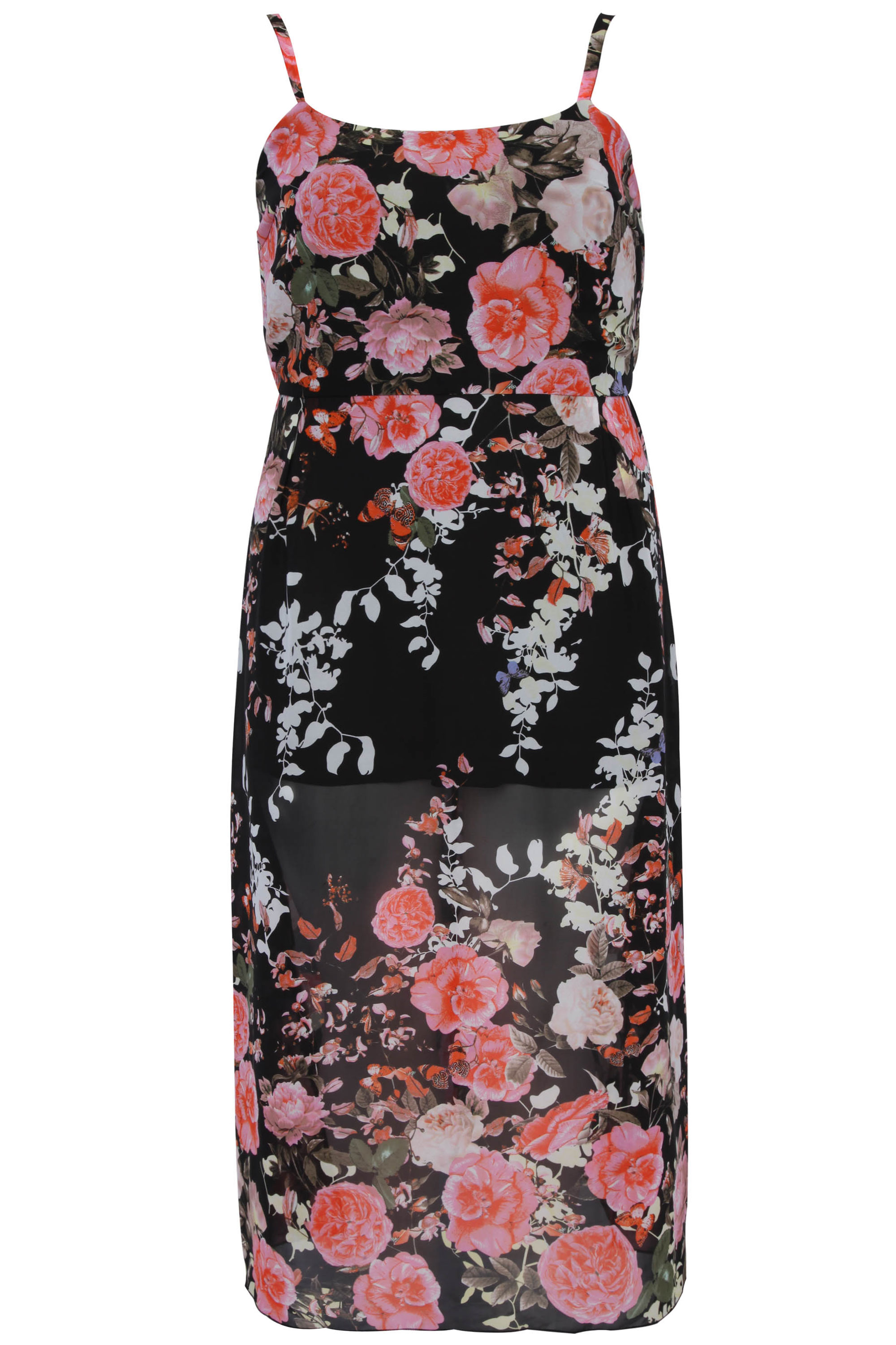 Black And Pink Floral Rose Print Maxi Dress With Chiffon Panels plus ...