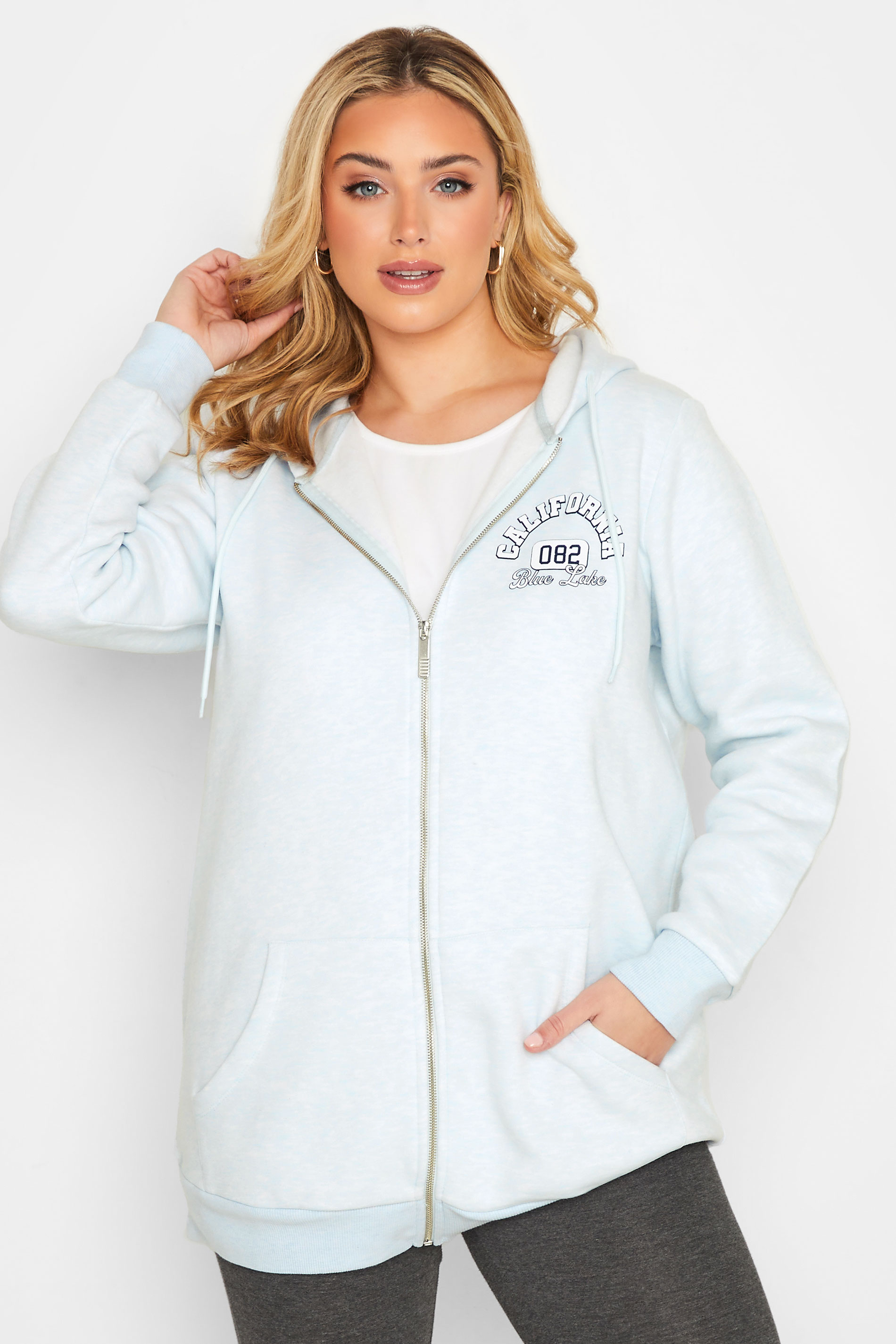 Sudadera Azul Claro Tacto Suave Con Cremallera Y Capucha, Mujer Curvy Y Tallas Grandes, Yours