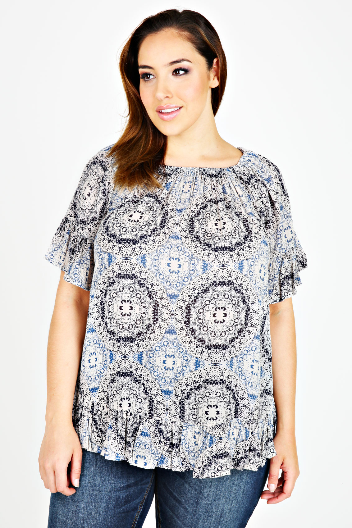 Blue Tile Print Frill Gypsy Crinkle Top With Elasticated NecklinePlus ...