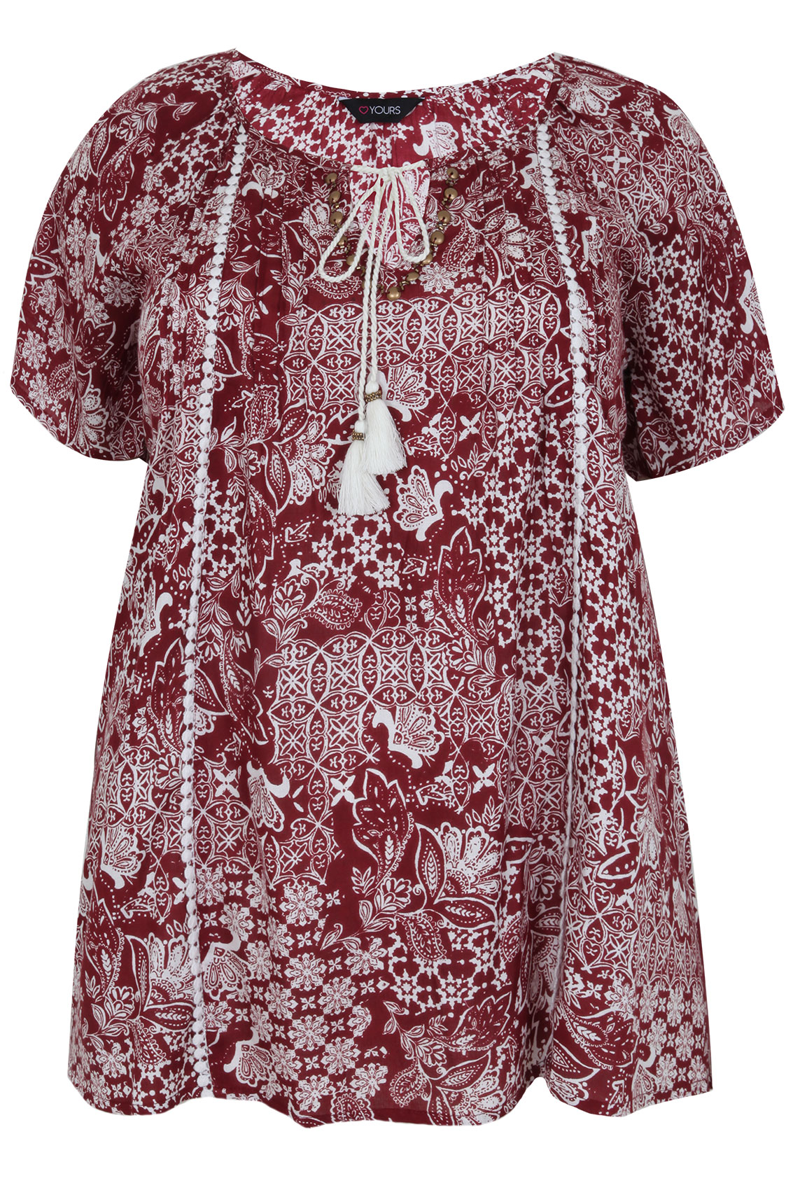 Burgundy & Ivory Mixed Tile Print Gypsy Blouse With Tassel Tie Front ...