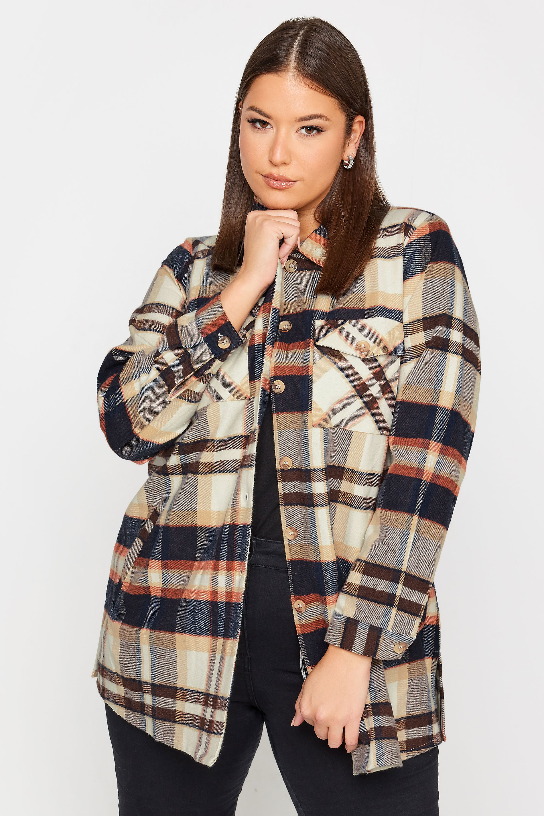 Yours Curve Beige Brown Check Print Shacket, Women's Curve & Plus Size, Yours