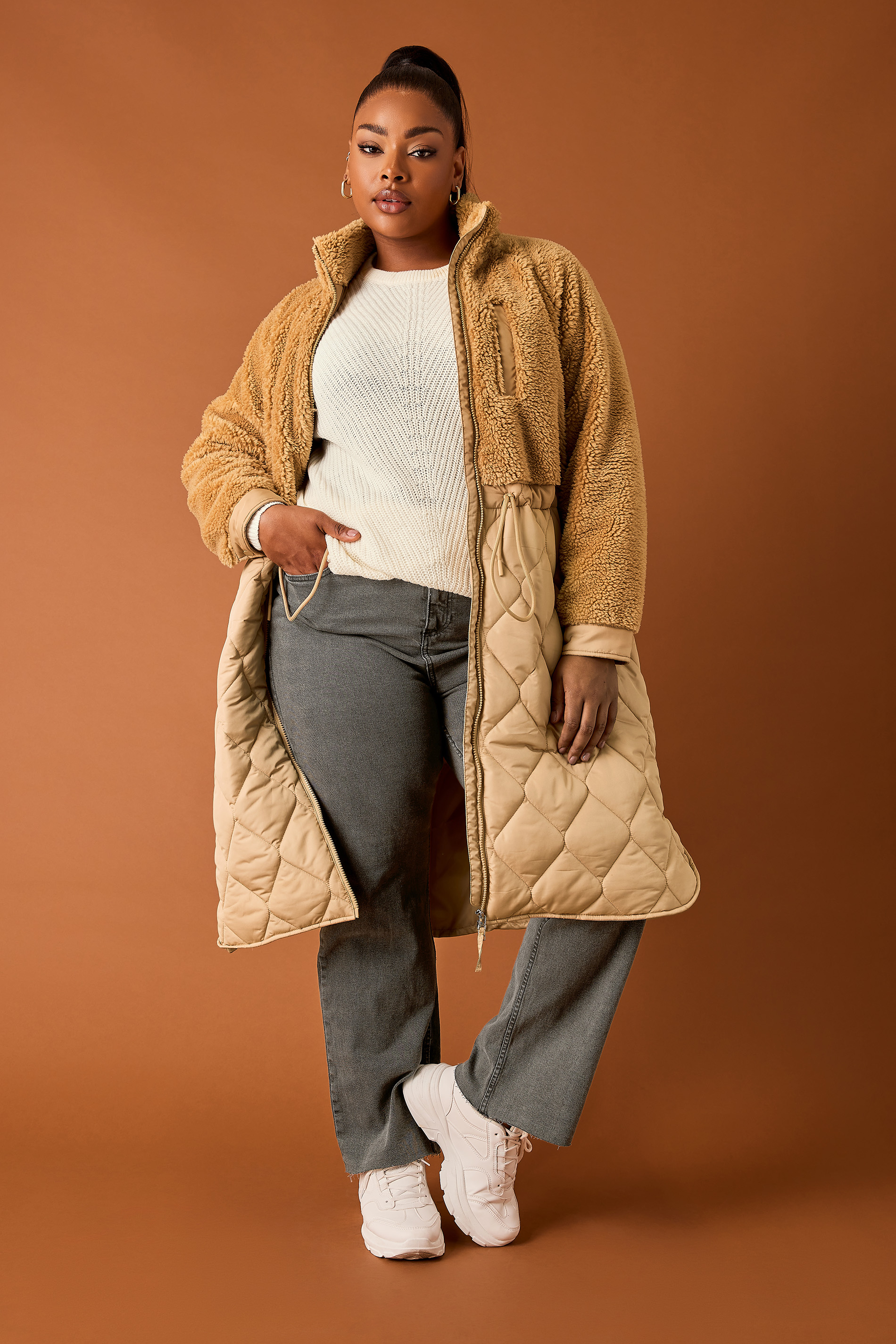 Yours Curve Beige Brown Quilted Teddy Coat, Women's Curve & Plus Size, Yours product