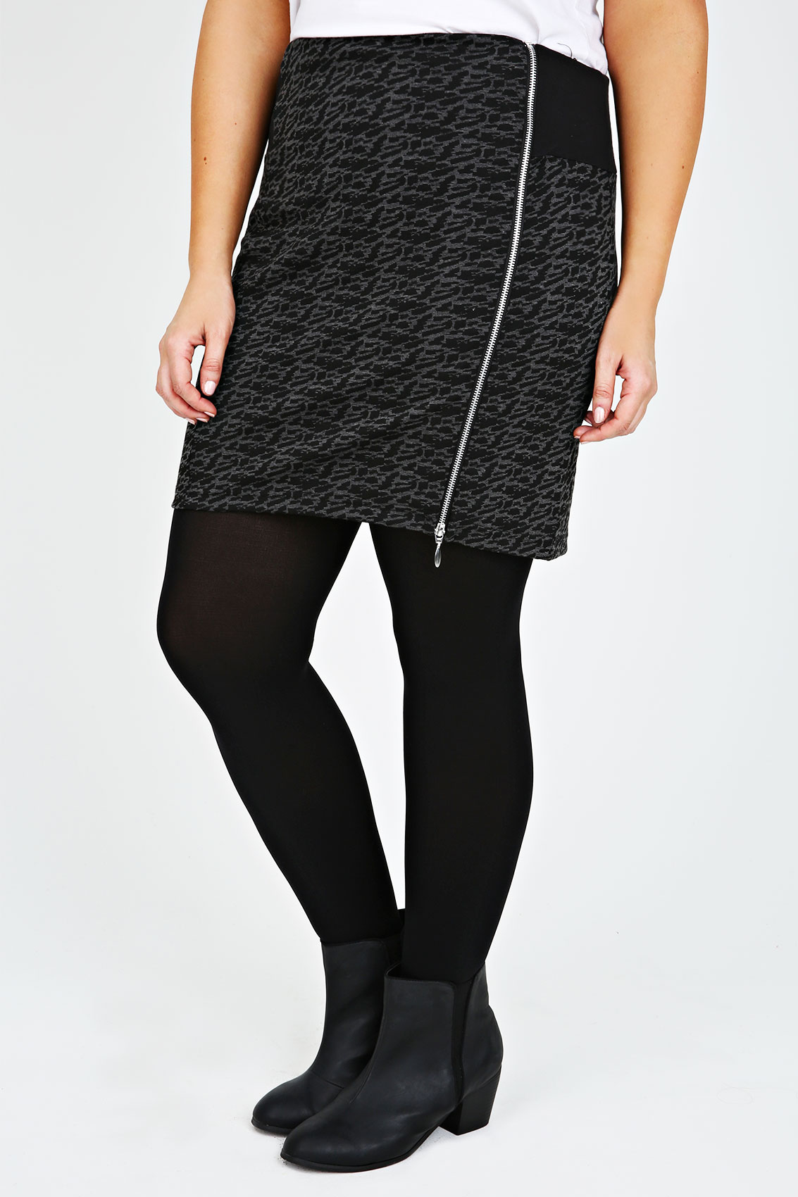  Charcoal  Grey  Jacquard Print Pull On Short Skirt  With Zip 