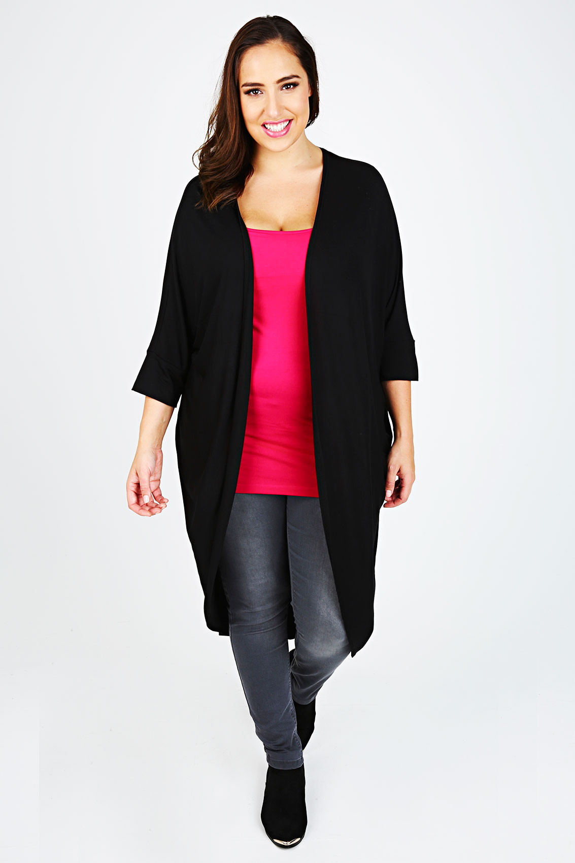 Black Longline Cocoon Cardigan With 3/4 Sleeves Plus Size 16,18,20,22 ...