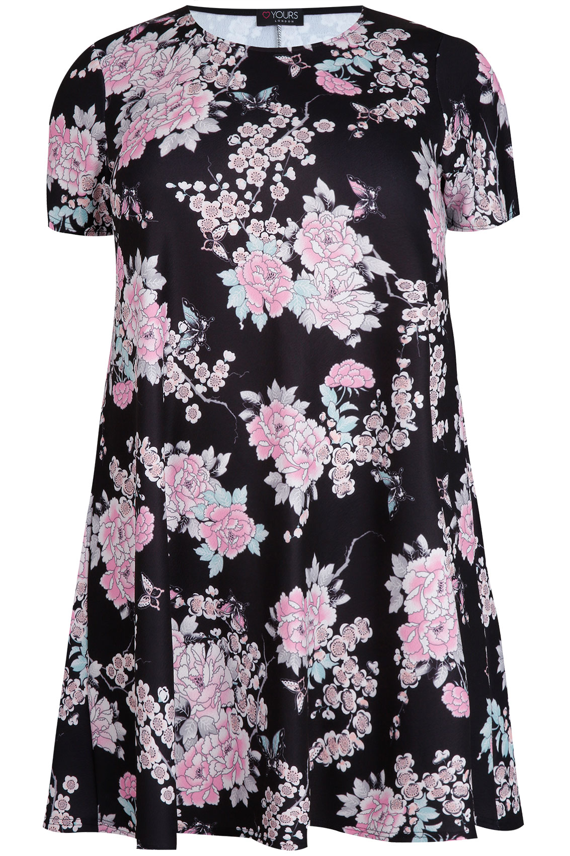 Black & Pink Oriental Floral Print Swing Dress plus Size 16 to 32