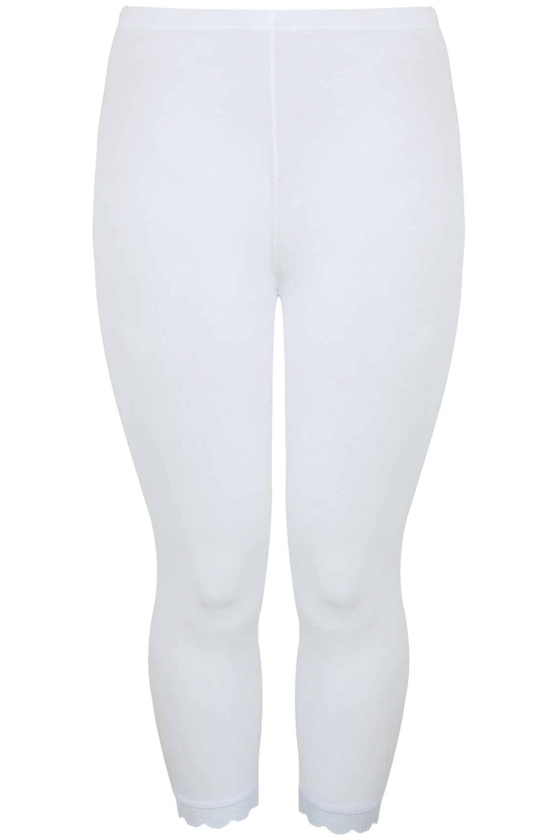 White Cotton Essential Cropped Leggings With Lace Detail Plus Size 16 to 32