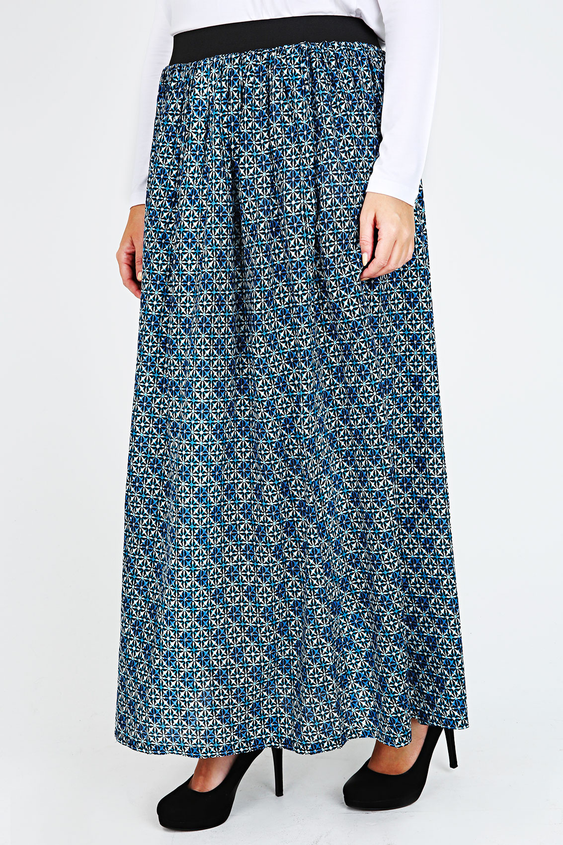 Blue, White & Black Geometric Print Flare Skirt With Elasticated Waist ...