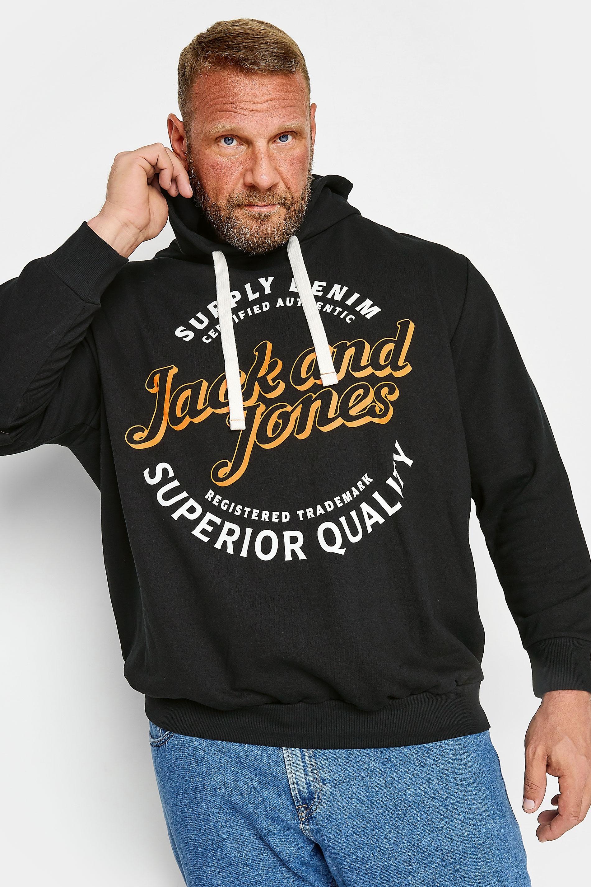 Image of Size 1Xl Mens Jack & Jones Big & Tall Black Hooded Logo Print Sweatshirt Big & Tall