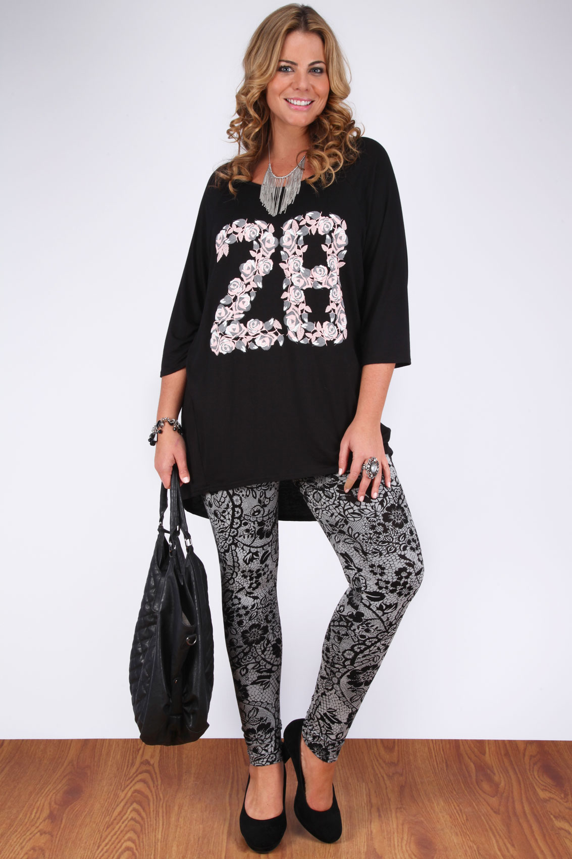Grey And Black Floral Lace Print Full Length Leggings plus size 16,18 ...