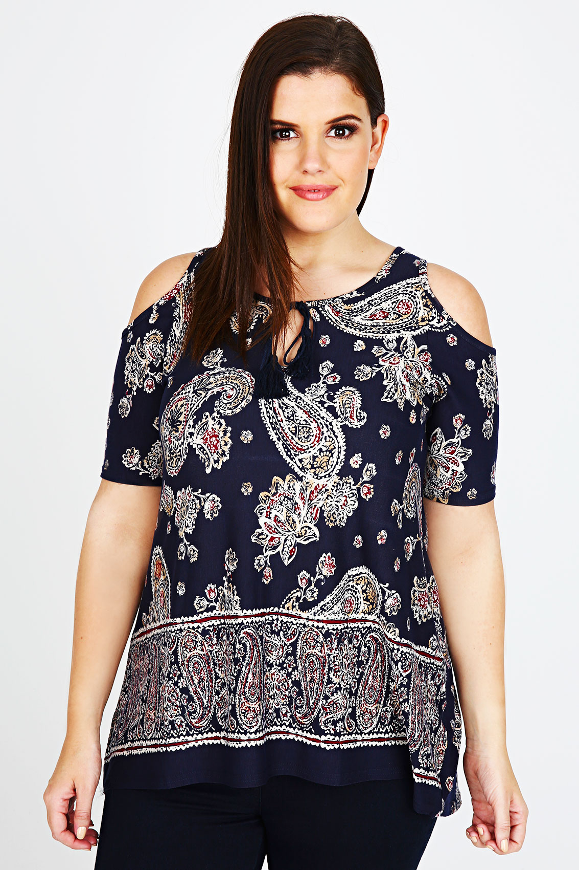 Navy Cold Shoulder Paisley Print Top With Keyhole Detail Plus Size 16 to 32