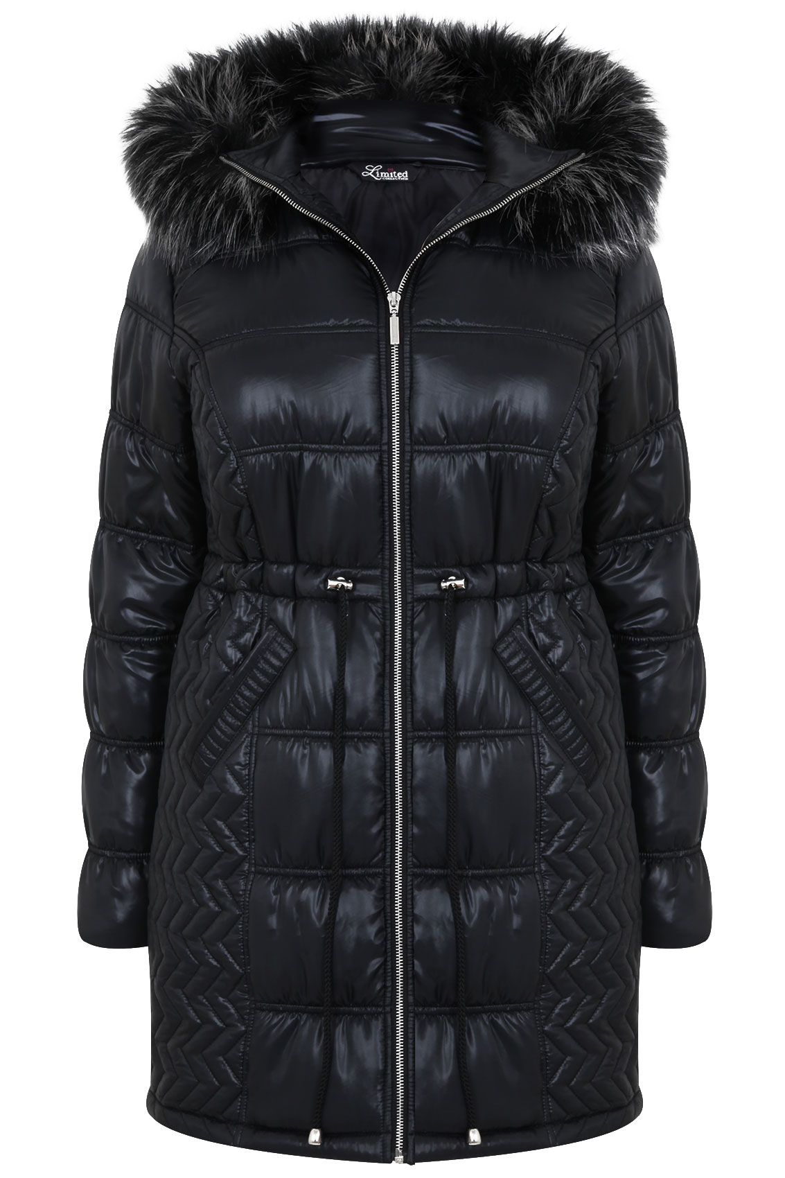 Black Wet Look Puffa Coat With Fur Hood Plus size 16,18,20,22,24,26,28 ...