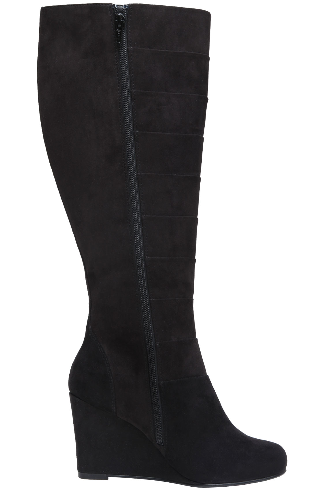 Black Suedette Wedge Knee High Boots With Cross Hatch Detail in EEE Fi ...