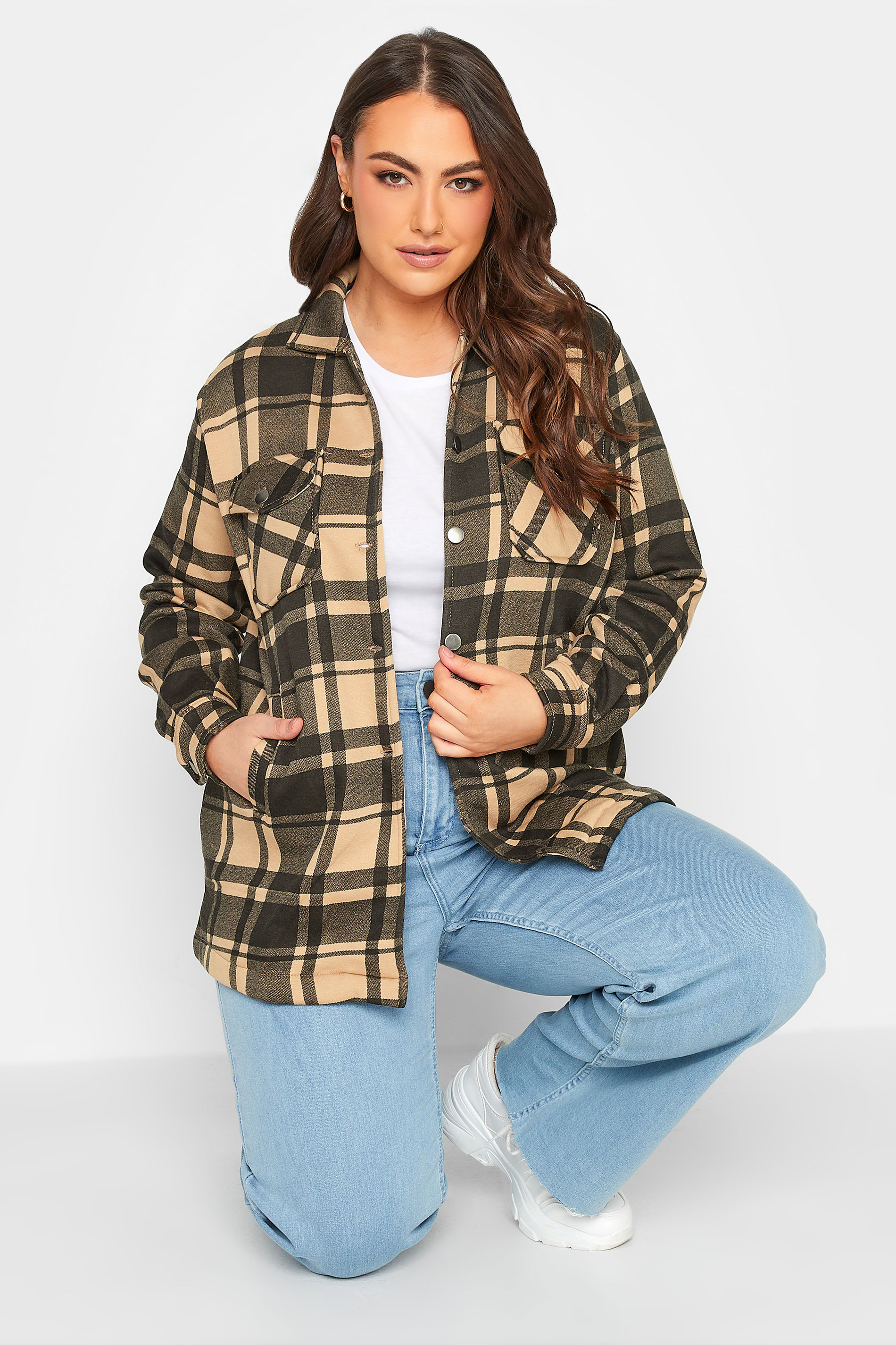Yours Curve Beige Check Shacket, Women's Curve & Plus Size, Yours