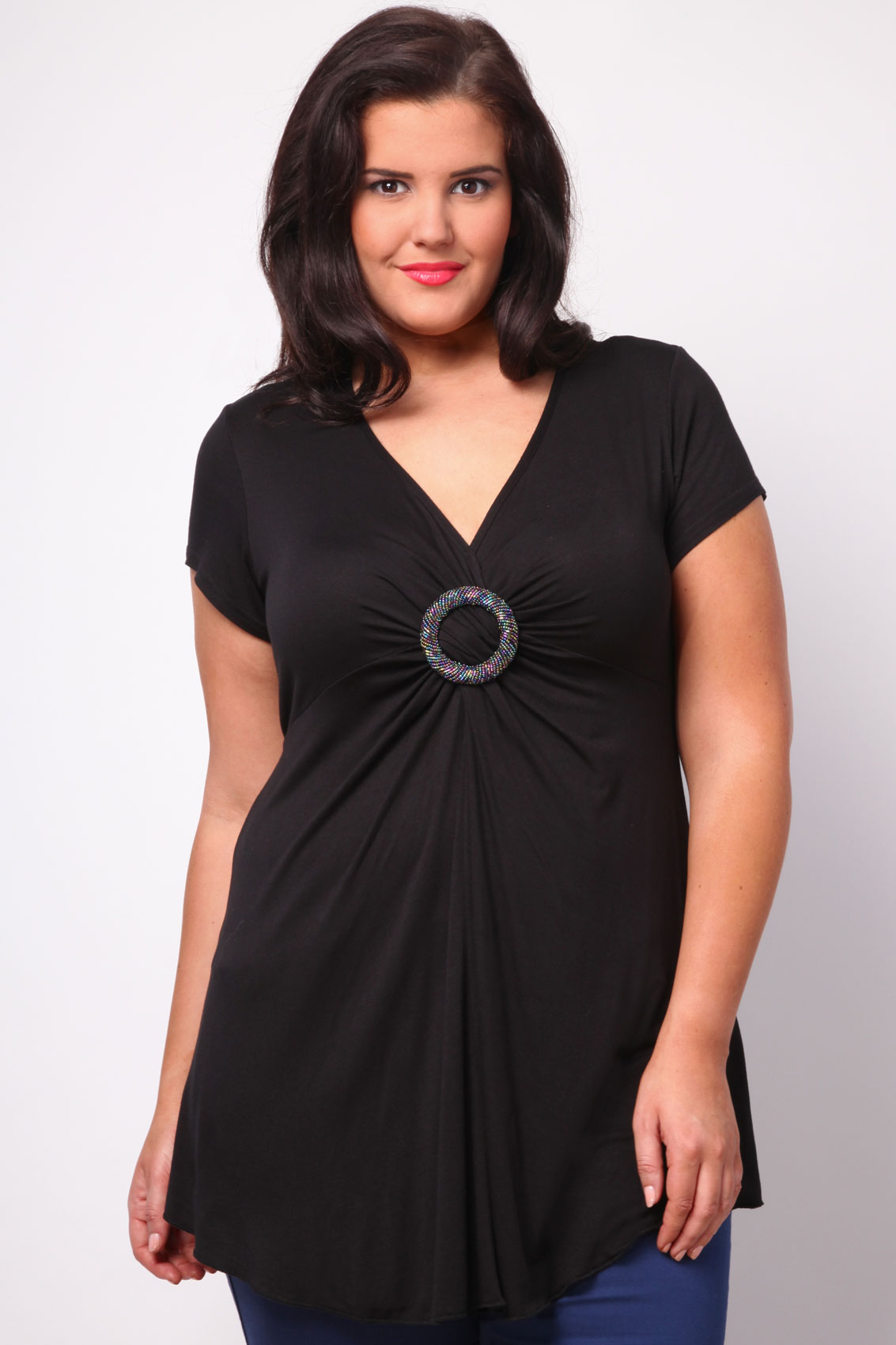 Black Ruched Longline Top With Beaded Ring Front plus size 16,18,20,22 ...