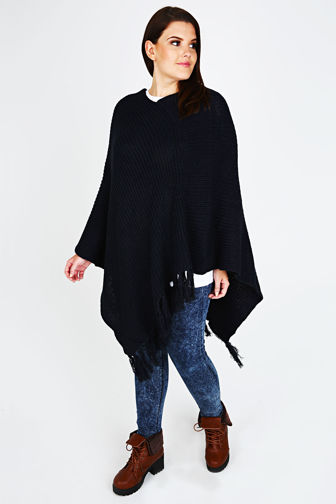 Navy Chunky Knit Poncho With Tassels
