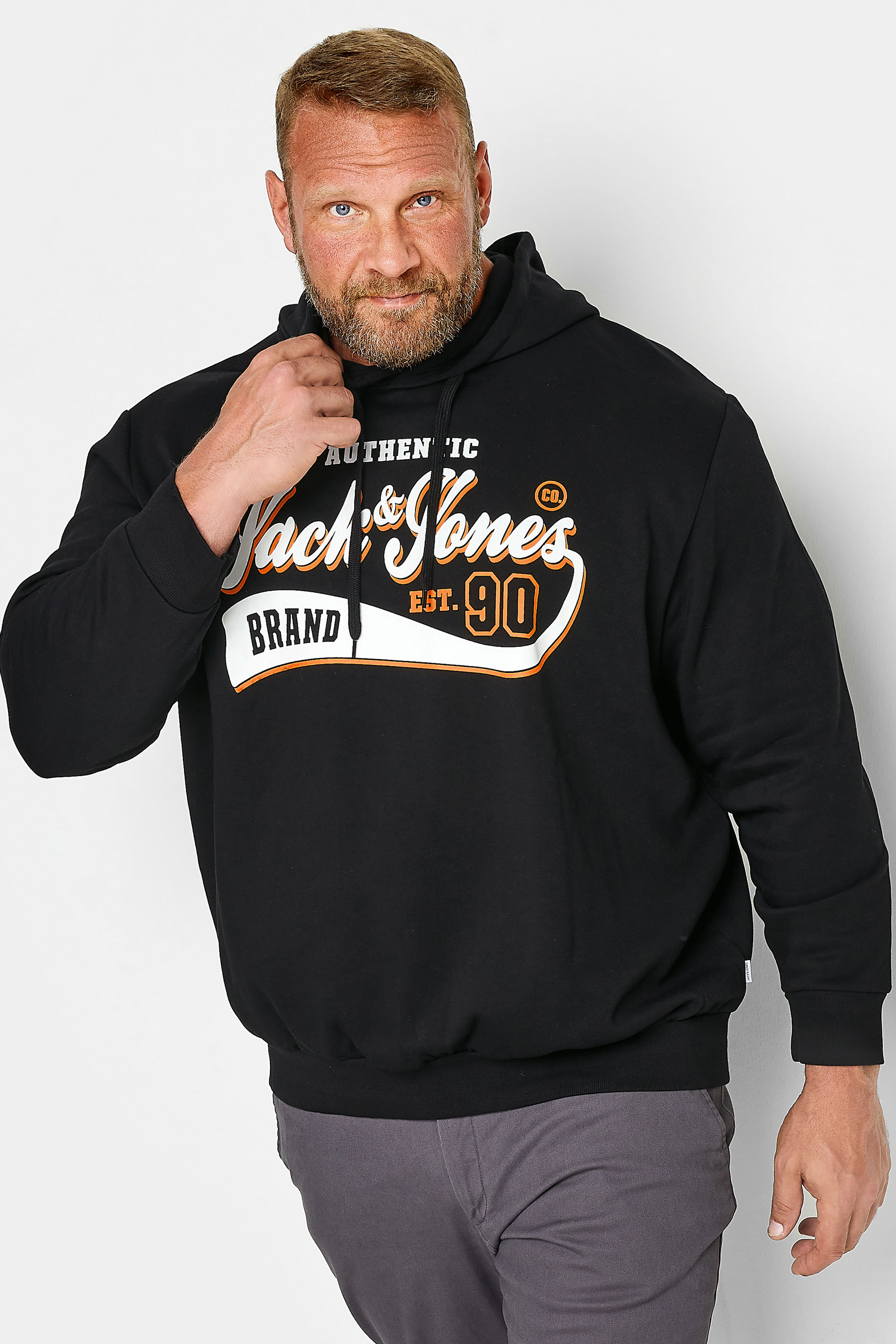 Image of Size 2Xl Mens Jack & Jones Big & Tall Black Logo Print Hooded Sweatshirt Big & Tall