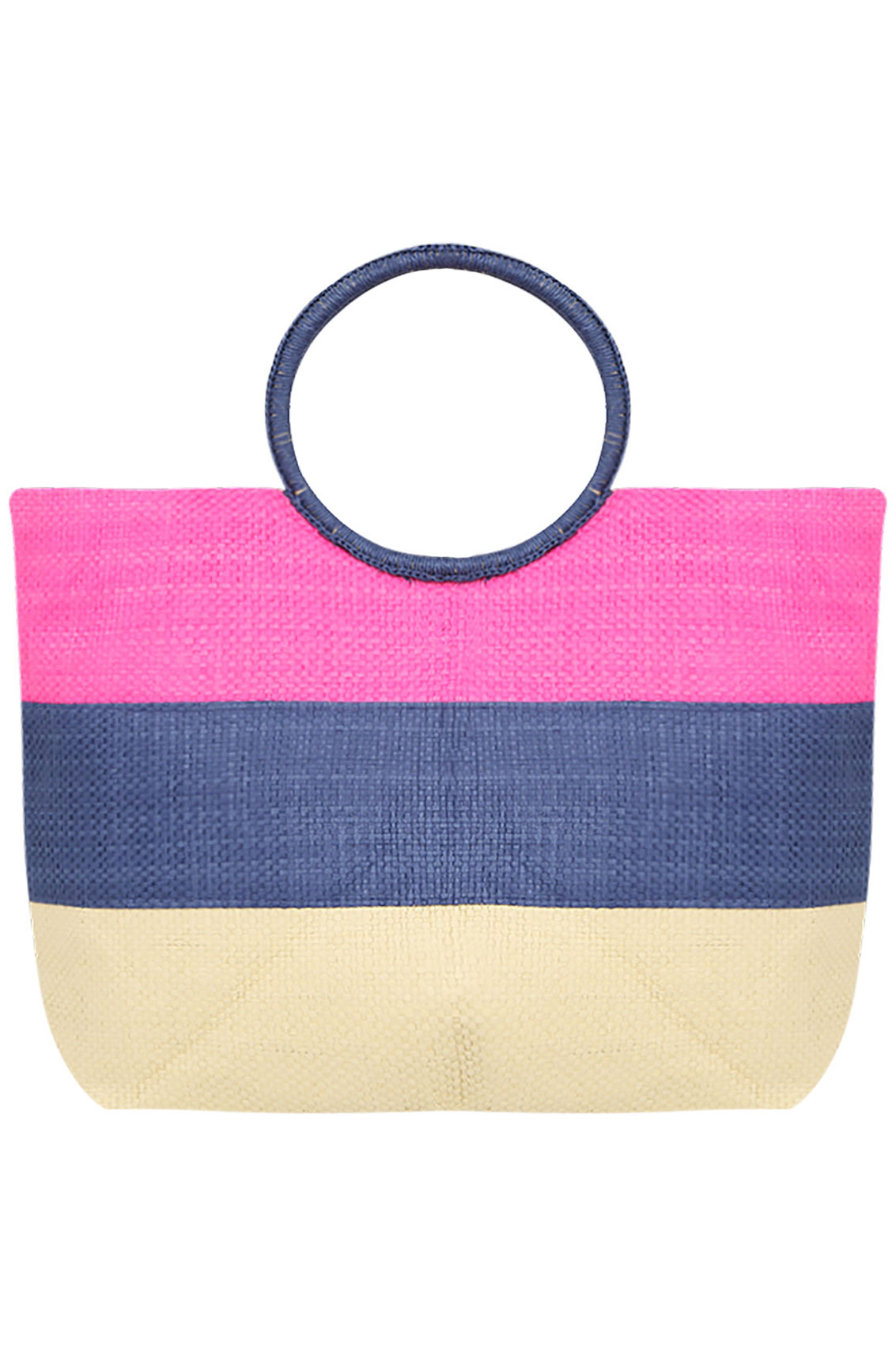 Pink & Natural Straw Striped Beach Bag With Round Handle